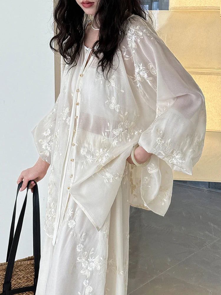 Apricot Embroidered Blouse & Thin Skirt 2-Piece Set - V-Neck Long Sleeve Women's Fashion Outfit for Spring Summer 2025 | Trendy Office Wear & Casual Date Night Outfits