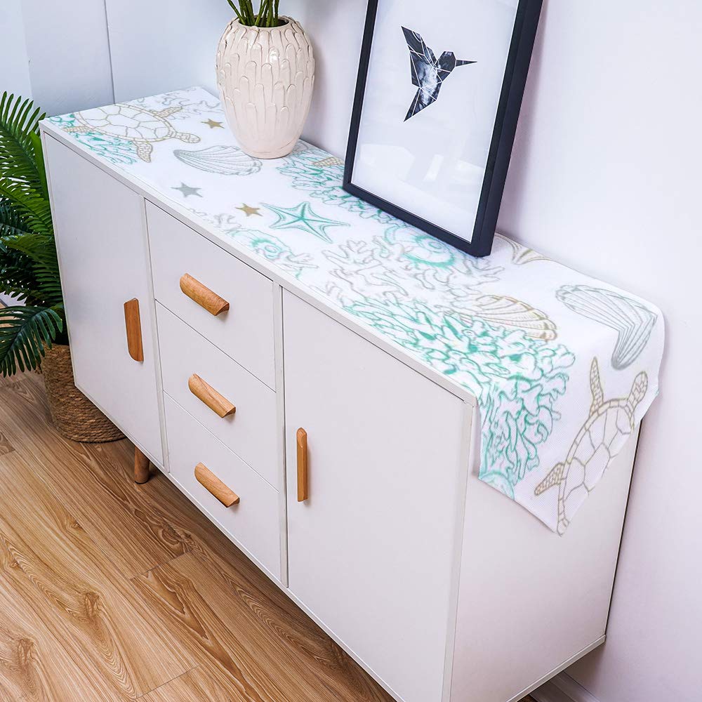 Chucoco Summer Ocean Sea Turtle Table Runner - Seaweed Shell Linen Burlap Table Scarf for Kitchen Dining Room Decor | Durable Washable Indoor Outdoor Dresser Cover | Perfect for Beach Themed Parties, Coastal Home Decor & Underwater Life Tables