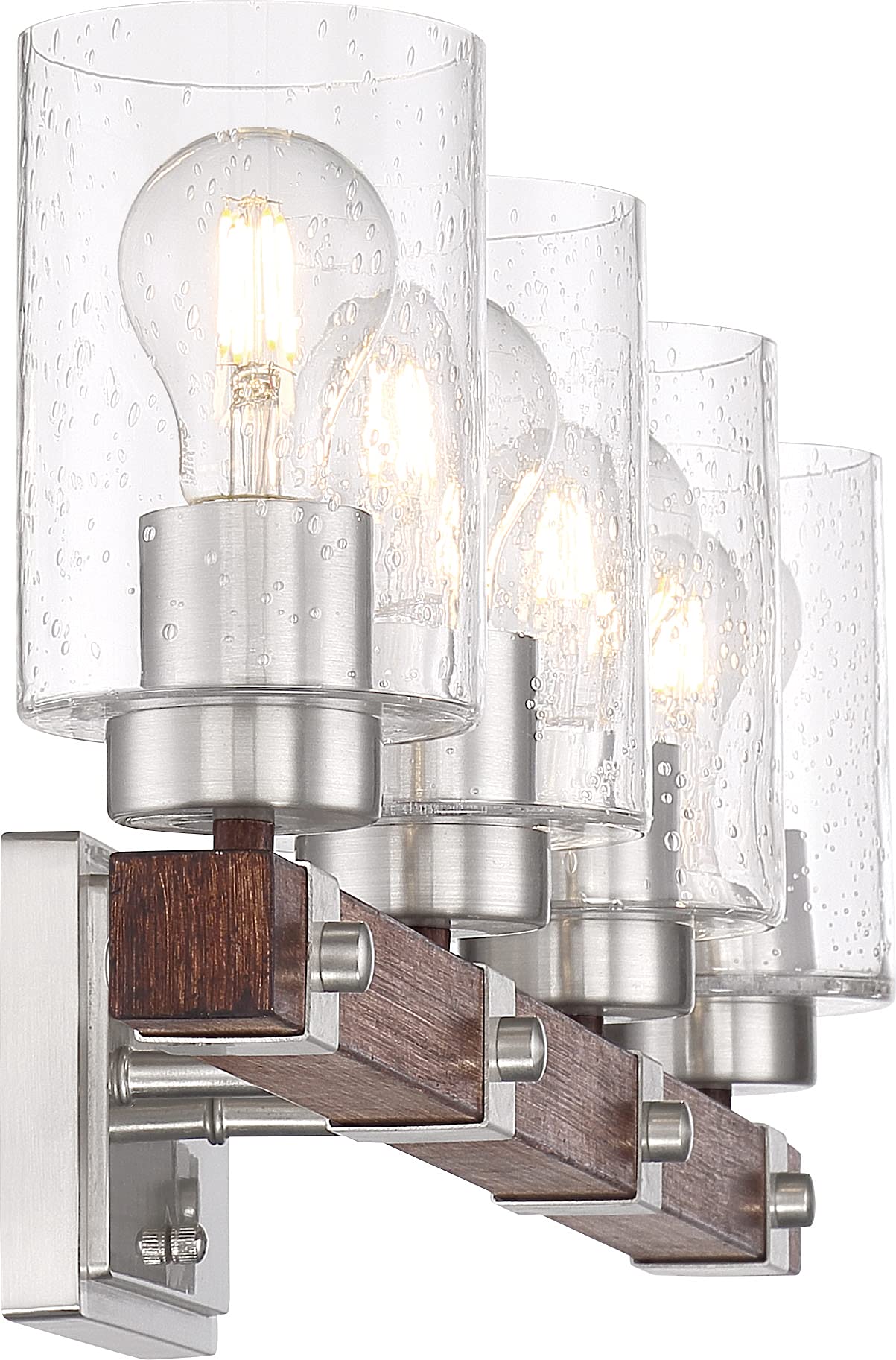 Nuvo 60/6964 Arabel Vanity Light Fixture - Brushed Nickel & Nutmeg Wood Finish with Clear Seeded Glass - 4-Light Bathroom Sconce for Modern Home Decor (Perfect for Bedroom, Bathroom, and Dressing Room Lighting)