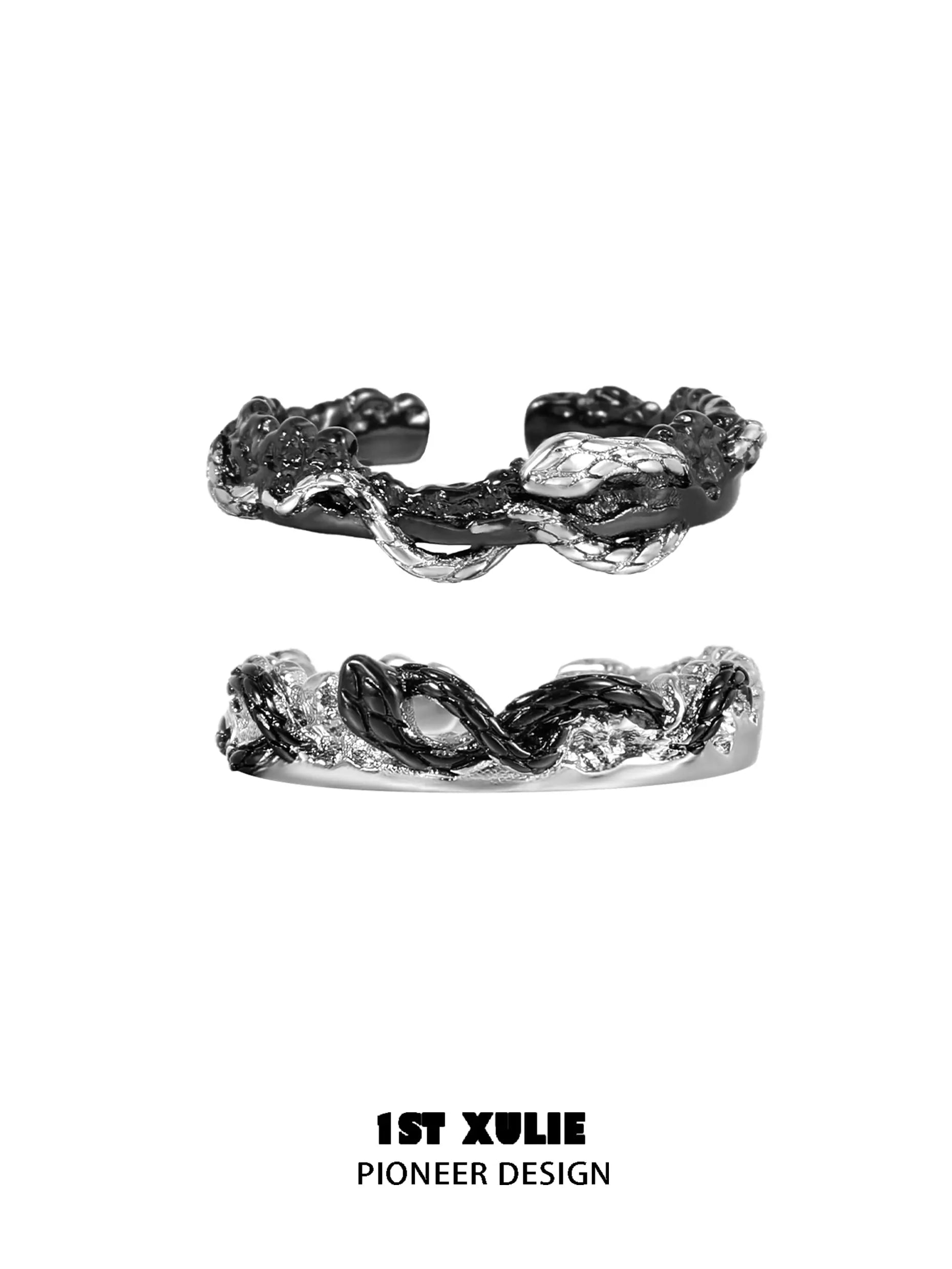 Snake Bite White & Black Serpent 925 Sterling Silver Adjustable Couple's Ring - Gothic Jewelry for Punk Lovers, Perfect for Weddings, Anniversaries and Dark Fashion Accessories