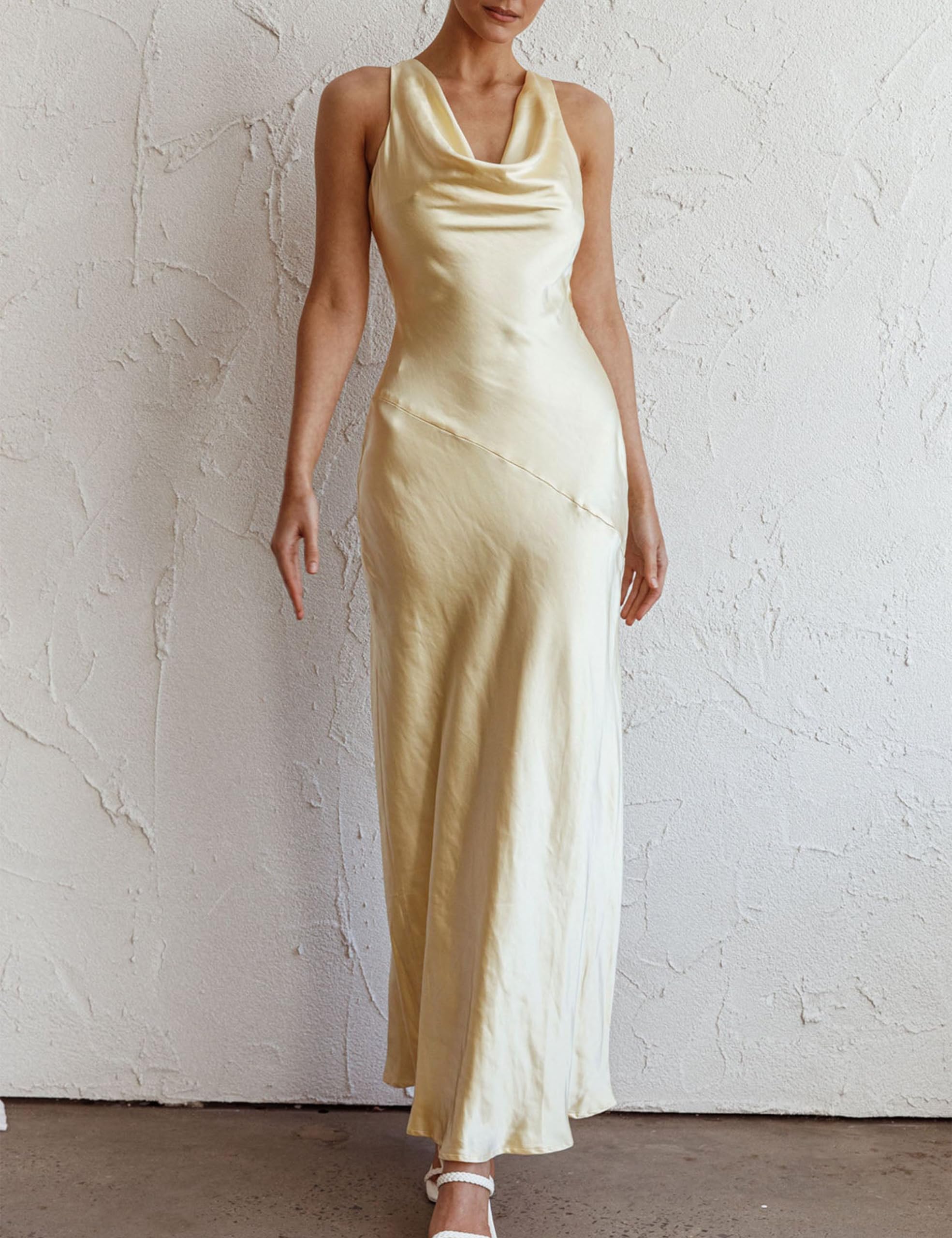 Elegant Satin Backless Maxi Dress for Women - Sleeveless Cowl Neck Silk Formal Gown for Wedding Guest, Party & Special Occasions | Summer 2025 Fashion