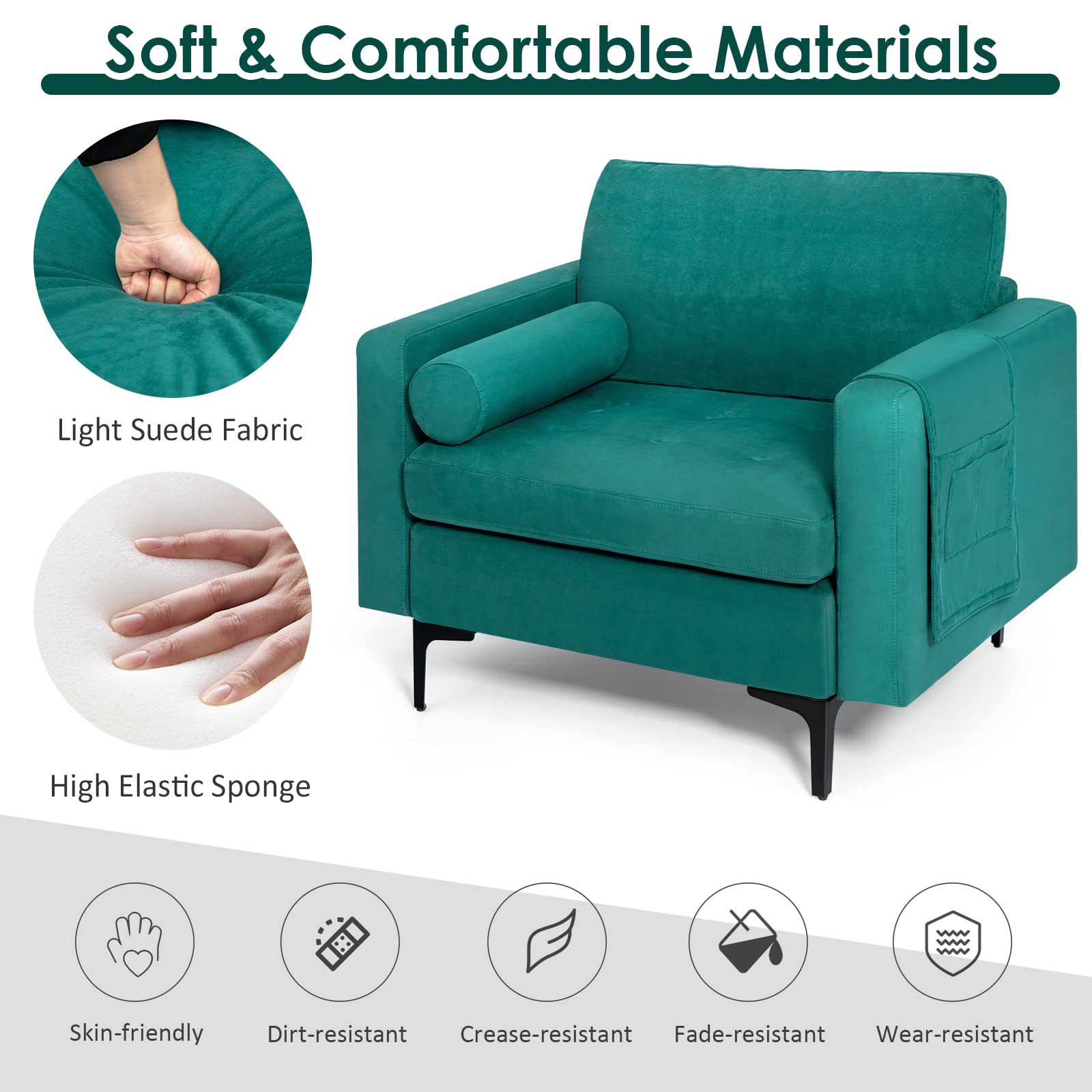 Giantex Set of 2 Single Sofa Chairs with Cushion & Bolster, Upholstered Armchairs with Magazine Pockets - Blue Accent Chairs for Living Room, Bedroom & Reception Area | Perfect for Relaxing, Reading & Small Space Decor