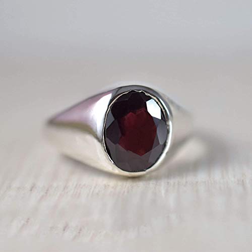 Garnet Ring for Men - 925 Sterling Silver Faceted Cut Garnet Statement Ring | Healing Power Gemstone Jewelry | Heavy Duty & Stylish Gift for Him | Perfect for Weddings, Anniversaries & Special Occasions