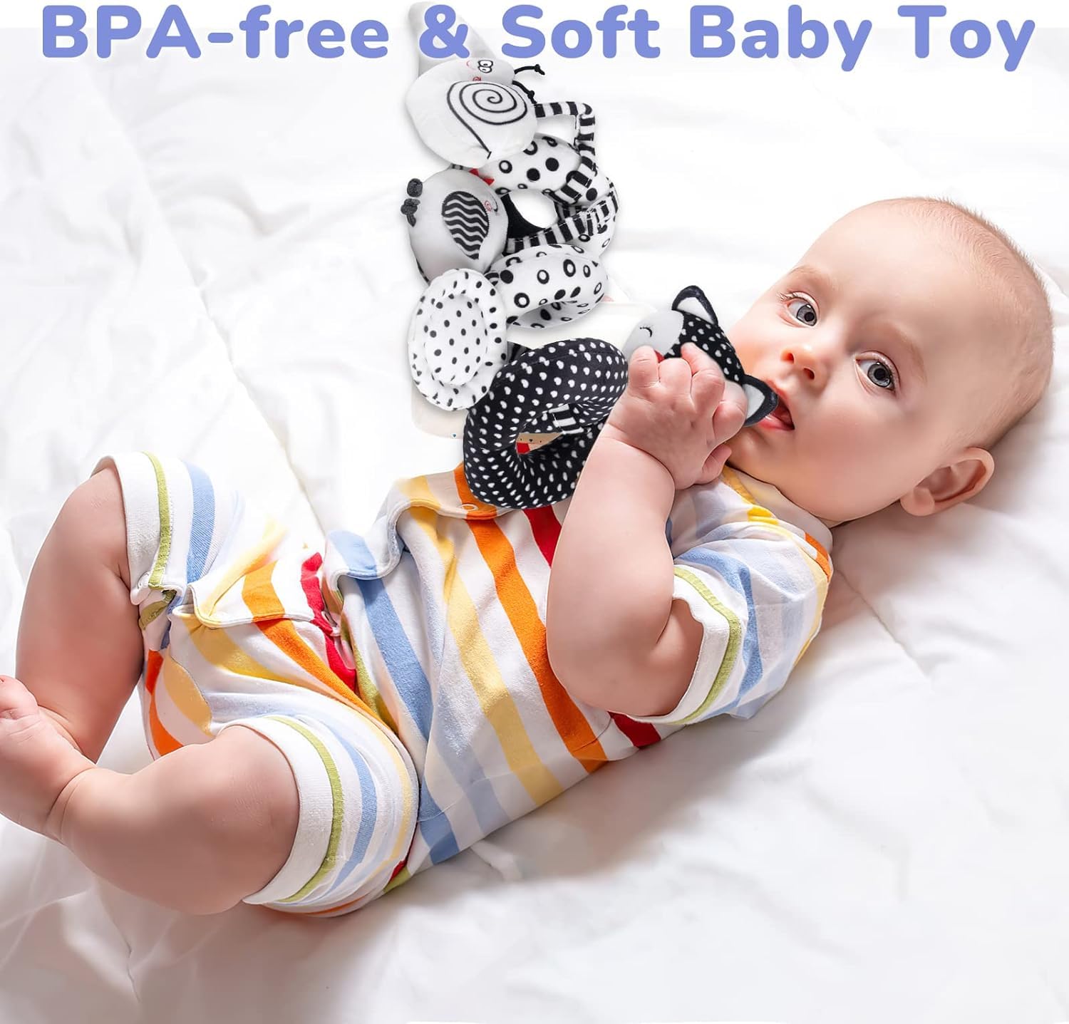 Black & White Spiral Plush Baby Toy - Stretchable Stroller & Car Seat Activity Toy with Rattle, High Contrast Sensory Toy for Newborns 0-12 Months (Fox Design) - Perfect for Crib Mobiles, Tummy Time & Early Visual Development