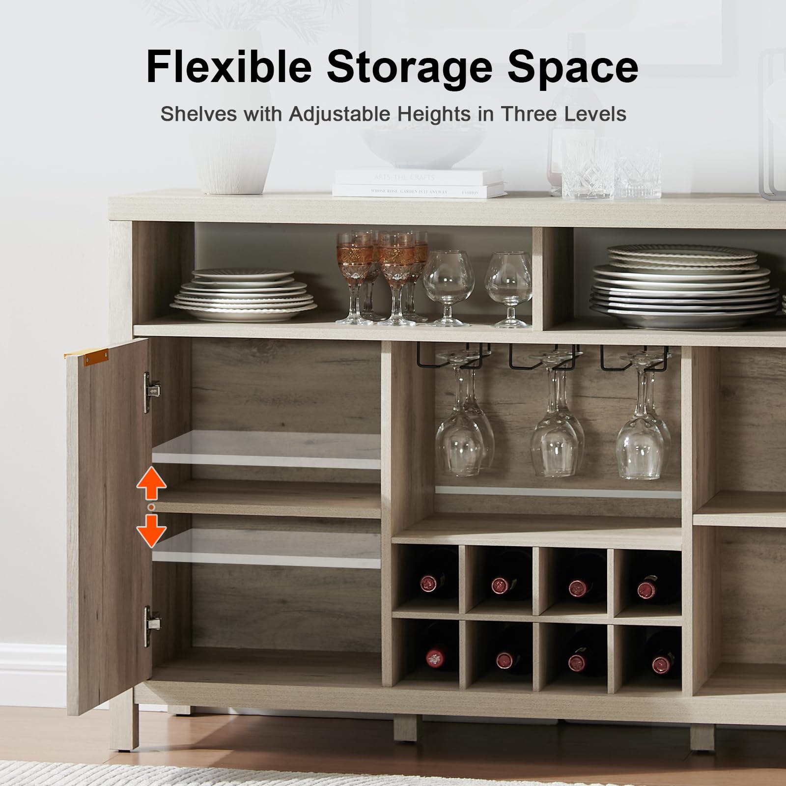 Modern Oxford Fluted Wine Bar Cabinet with Adjustable Shelves & 8-Bottle Wine Rack - 51 Inch Liquor Storage Cabinet for Dining Room, Living Room or Home Bar