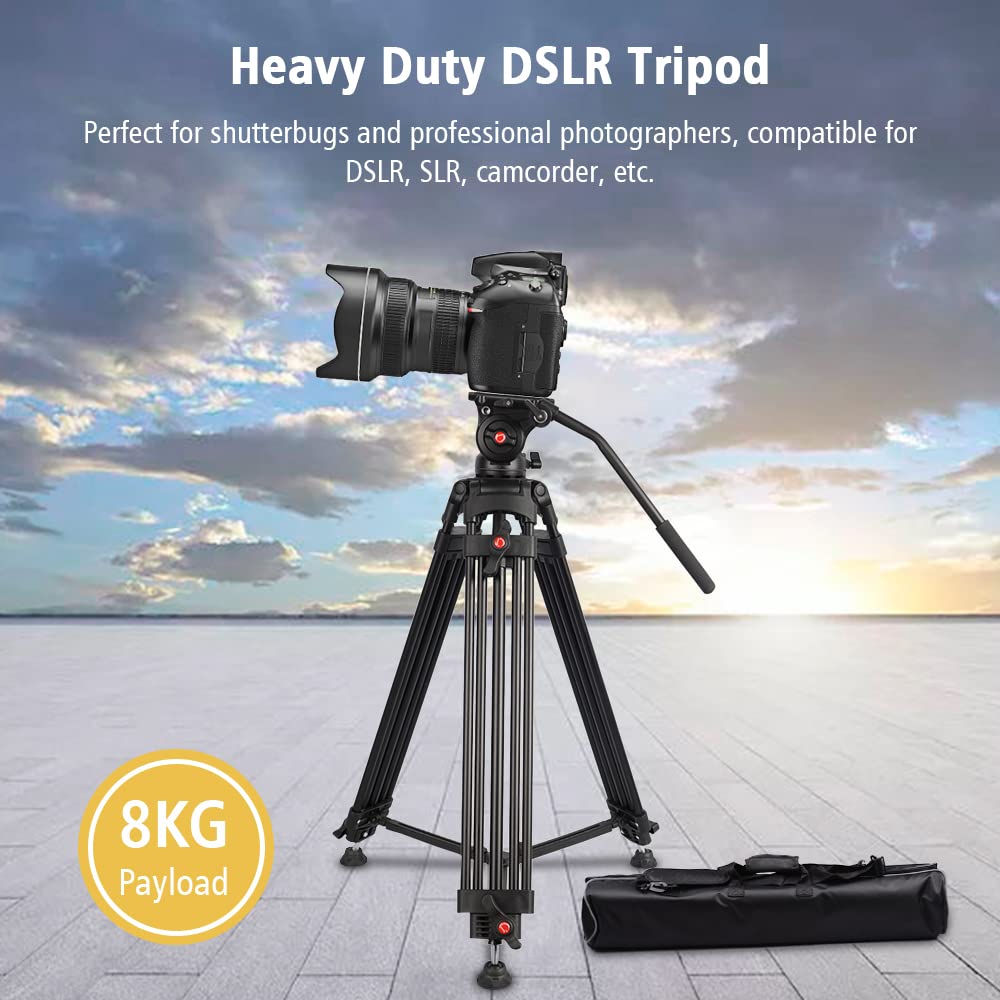 Professional Aluminum DSLR Camera Tripod Stand 1.8m/6ft - Heavy Duty 8KG Payload with Panoramic Hydraulic Damping Head - Universal 1/4 & 3/8 Screw Mount for DSLR/SLR Cameras - Perfect for Outdoor Photography, Travel Vlogging & Studio Shooting
