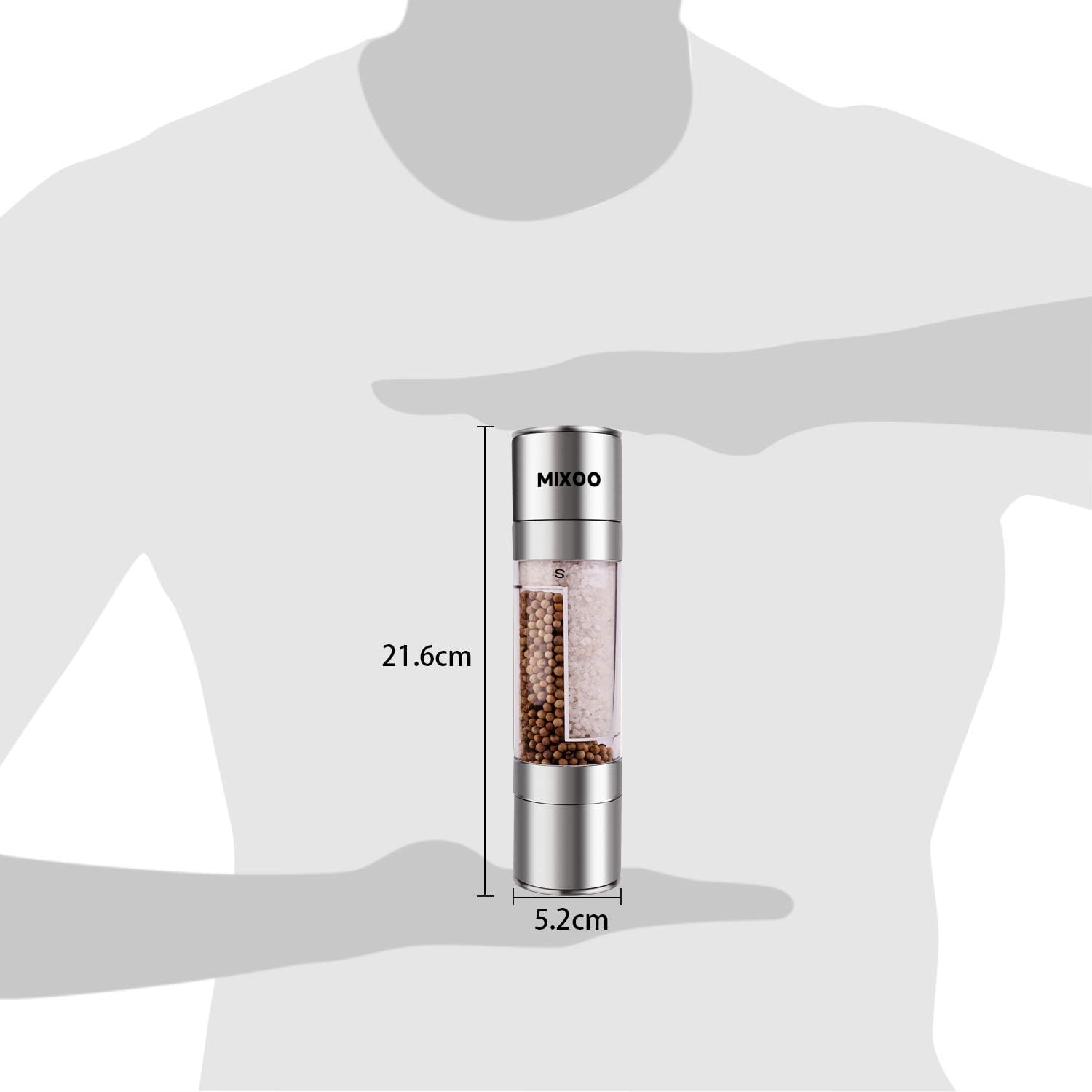 Premium Mixoo 2-in-1 Stainless Steel Salt and Pepper Grinder Set - Adjustable Coarseness Ceramic Rotor, Refillable Dual Clear Acrylic Chamber for Freshly Ground Spices - Perfect for Kitchen, Dining Table & Outdoor BBQ