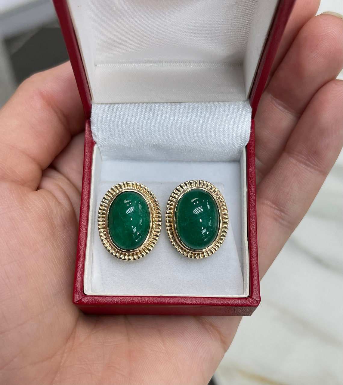 19.04tcw Large Jumbo Natural Emerald Cabochon Vintage Handmade Bezel Earrings 14K Gold - Elegant Jewelry for Women, Perfect for Weddings, Parties & Special Occasions