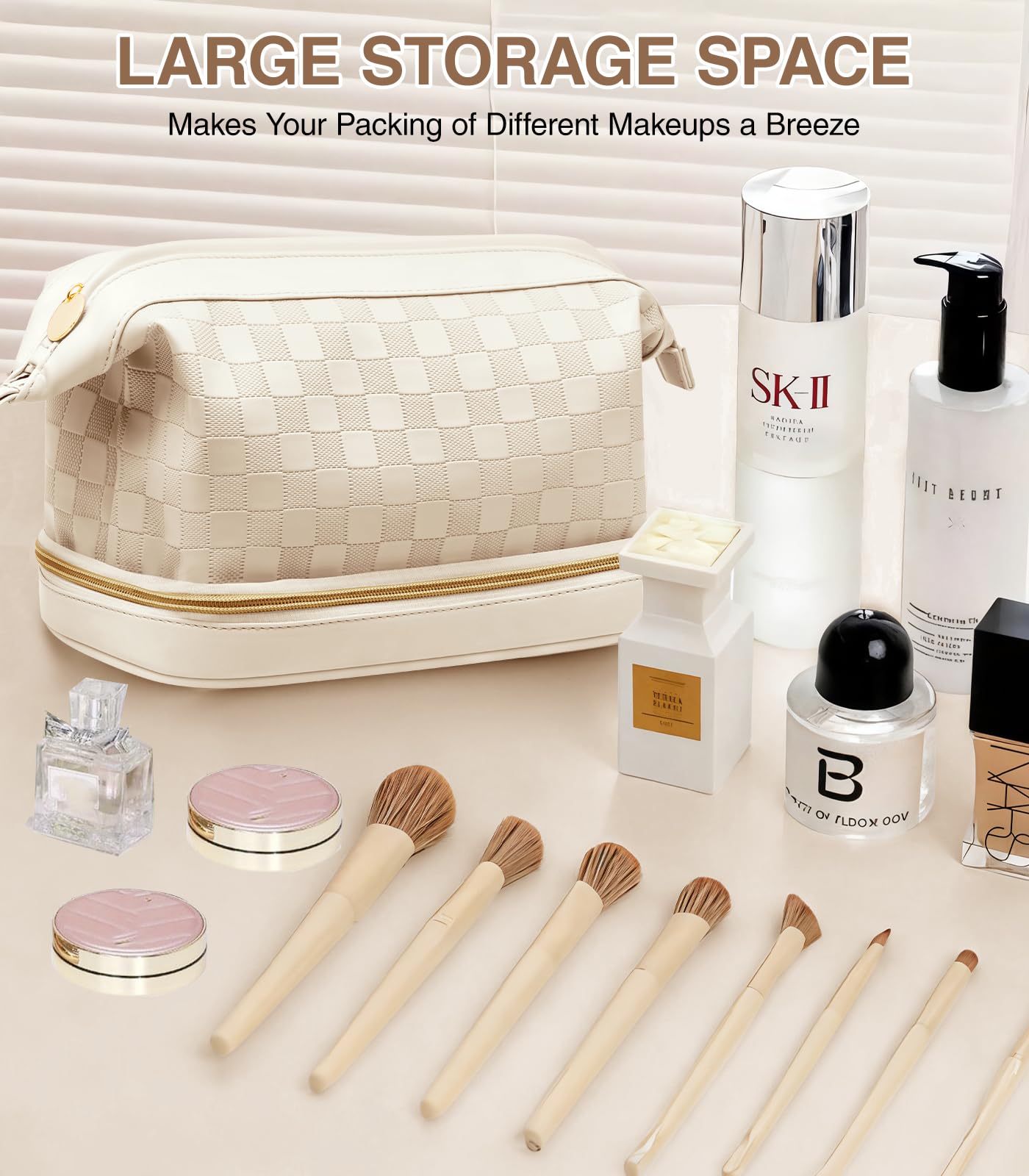 Large Double Layer Leather Makeup Bag Organizer - Waterproof Travel Cosmetic & Toiletry Bag for Women & Girls (Beige) - Perfect for Travel, Gym, and Daily Makeup Storage