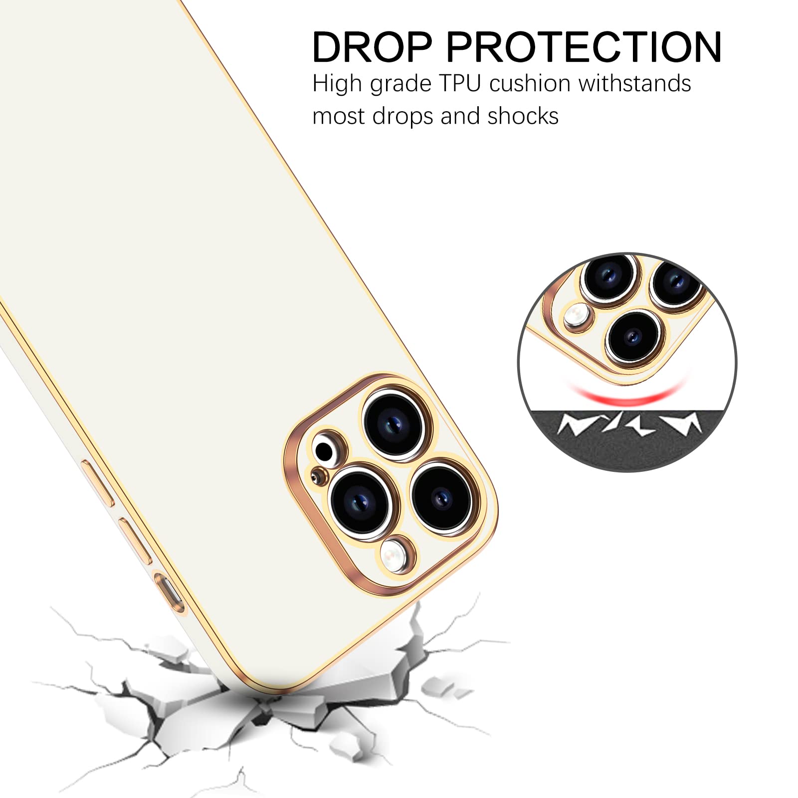 BENTOBEN iPhone 14 Pro Max Case 6.7 Inch - Slim Luxury Electroplated Bumper Protective Soft Cover with Strap for Women & Men (White/Gold) | Perfect for Work, Travel & Everyday Use