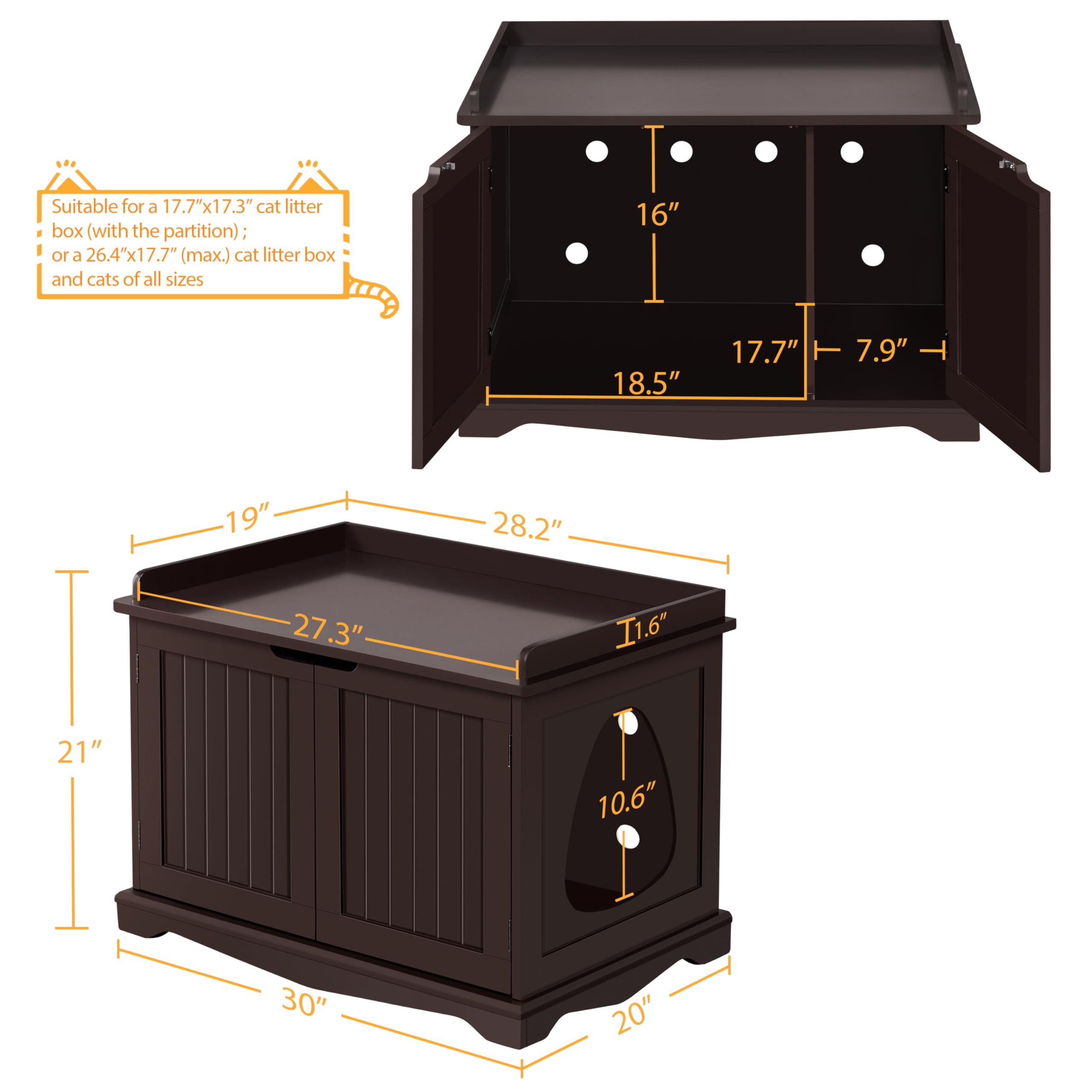 Yaheetech Wooden Cat Litter Box Enclosure - Hidden Cat Washroom Cabinet with Storage, Indoor Cat Litter Box Furniture for Large Cats, Decorative Pet Side Table & Bench - Espresso Finish | Perfect for Small Spaces, Living Rooms & Pet-Friendly Homes
