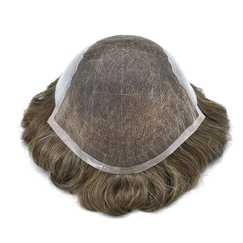 100% European Real Human Hair Toupee for Men - Swiss Lace Front Hair System with Bleached Knots | Medium Blonde +10% Gray | 7x9
