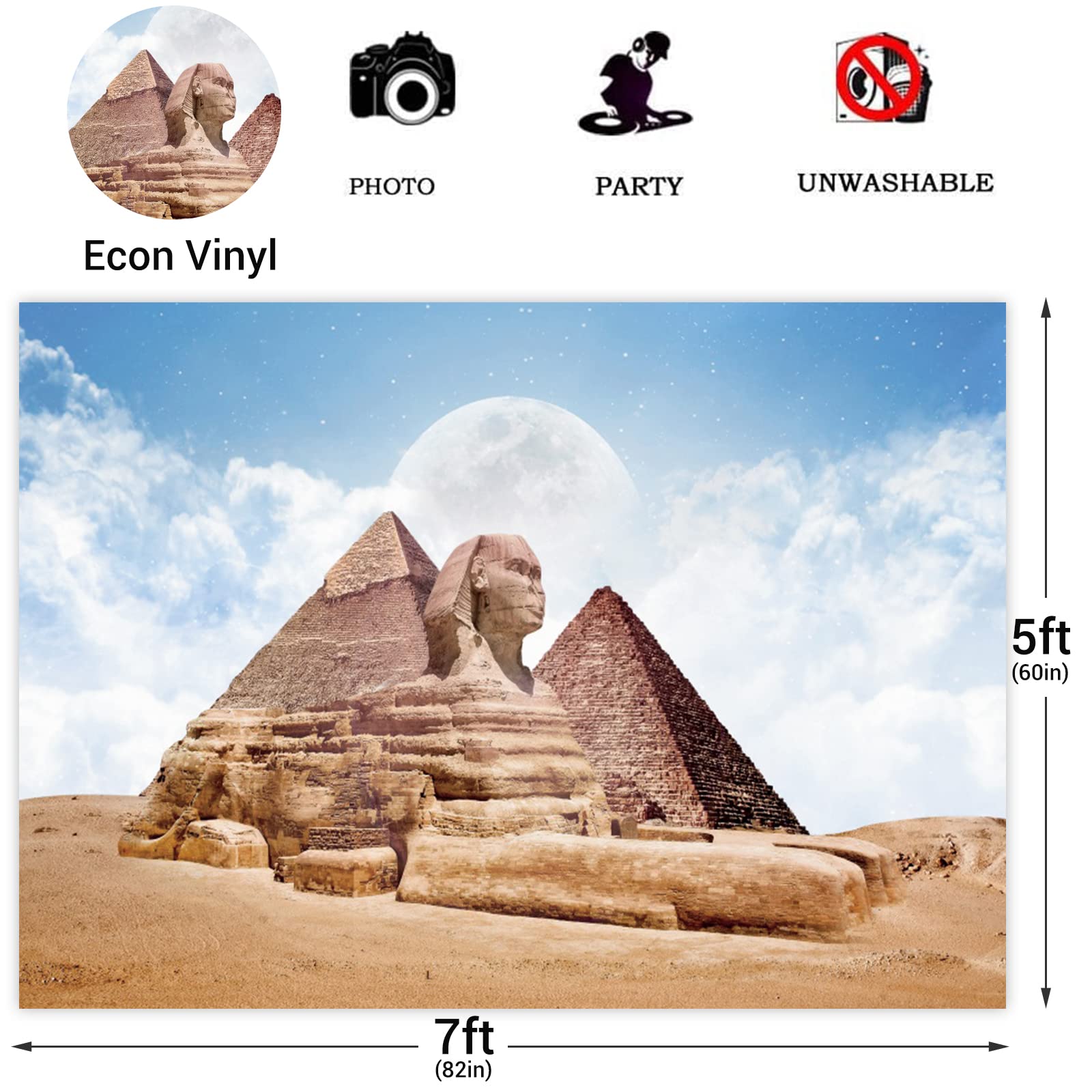 7x5FT Pyramid Photography Backdrop - Ancient Egypt Desert Scene with Great Sphinx for Travel Photo Shoots | Nature Scenic Wallpaper for Events, Parties & Studio Backgrounds