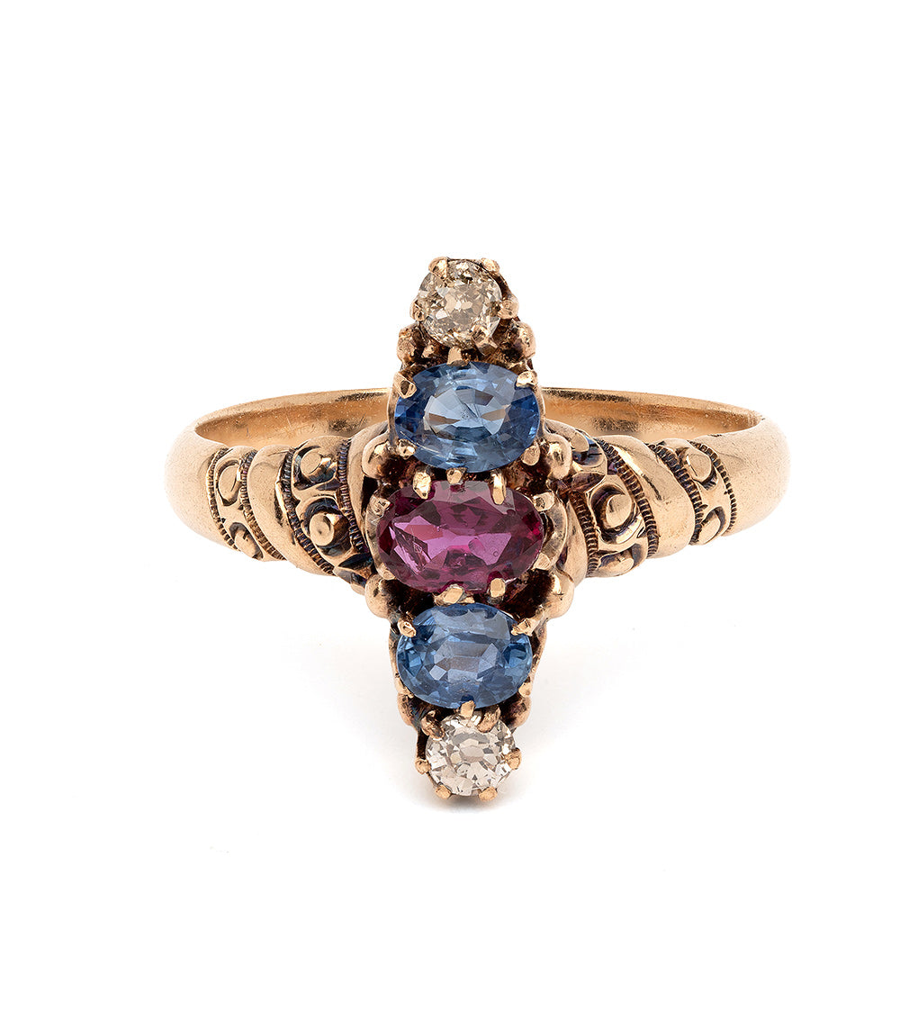 Victorian Style Candy Stripe Ring with Sapphire, Garnet & Diamond Gemstones - Elegant Jewelry for Weddings, Parties & Special Occasions