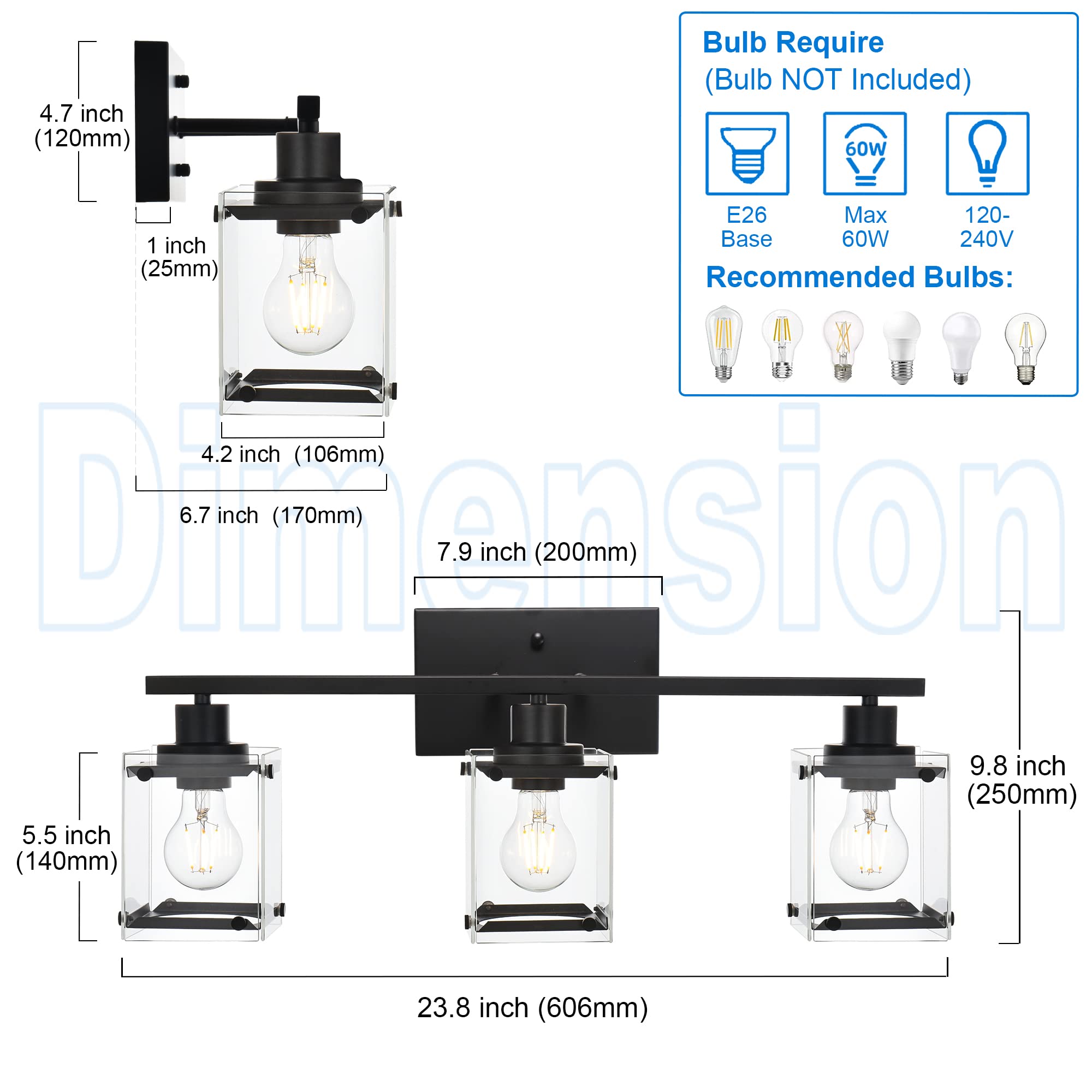 MELUCEE 3-Light Modern Black Bathroom Vanity Lighting Fixture with Clear Rectangular Glass - Wall Mount Mirror Lights for Bathroom, Powder Room & Bedroom - Perfect for Makeup, Shaving & Ambient Lighting