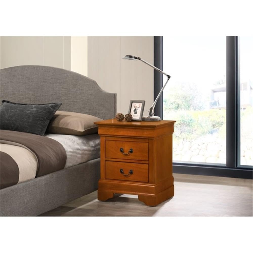 Glory Furniture Louis Phillipe 2 Drawer Oak Nightstand - Solid Wood Bedside Table for Bedroom, Living Room & Guest Room Decor