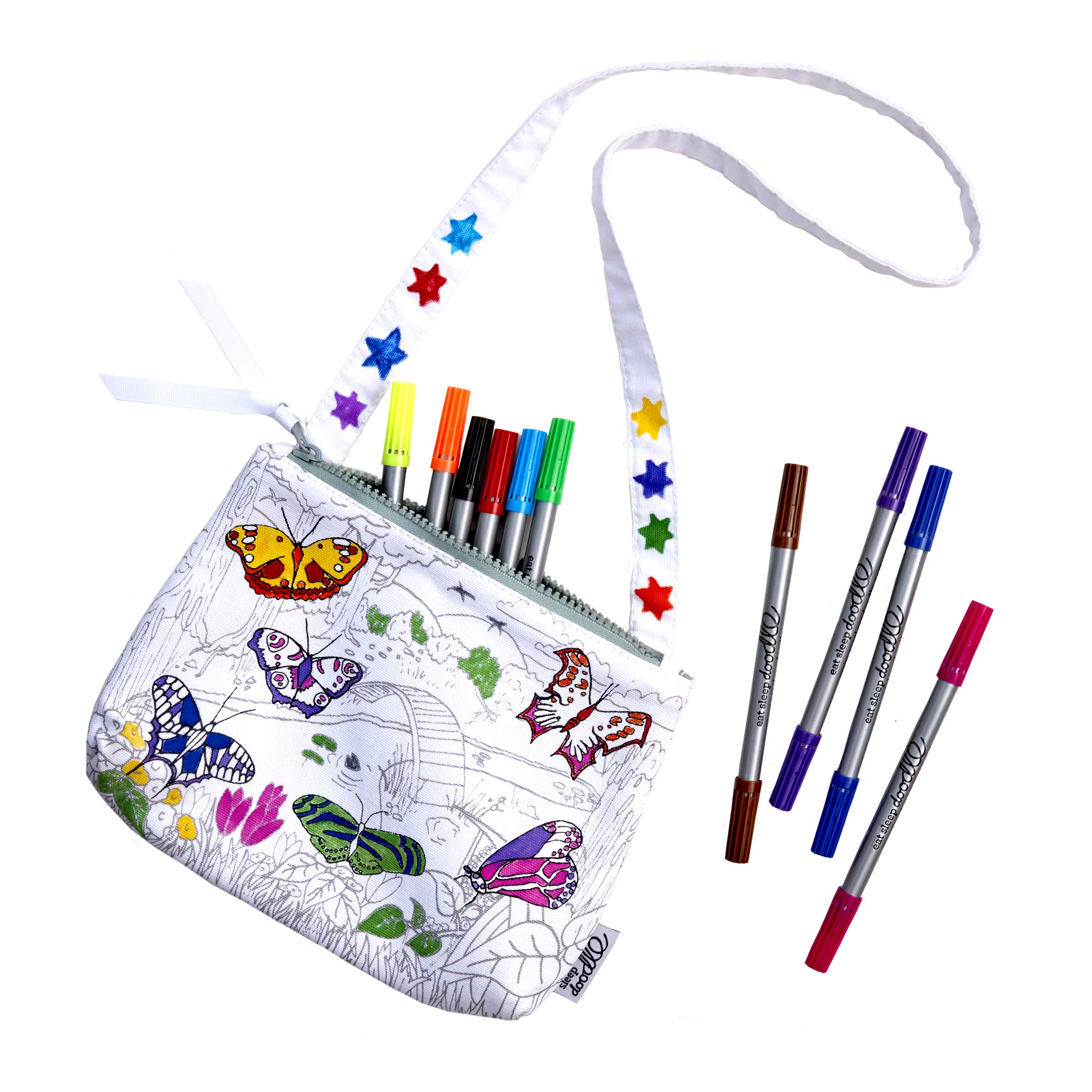 **Eatsleepdoodle Kids Butterfly Coloring Crossbody Bag with 10 Washable Markers - 8.5x7 Inches | Creative Art Activity for Girls & Boys | Perfect for Travel, School & Play**