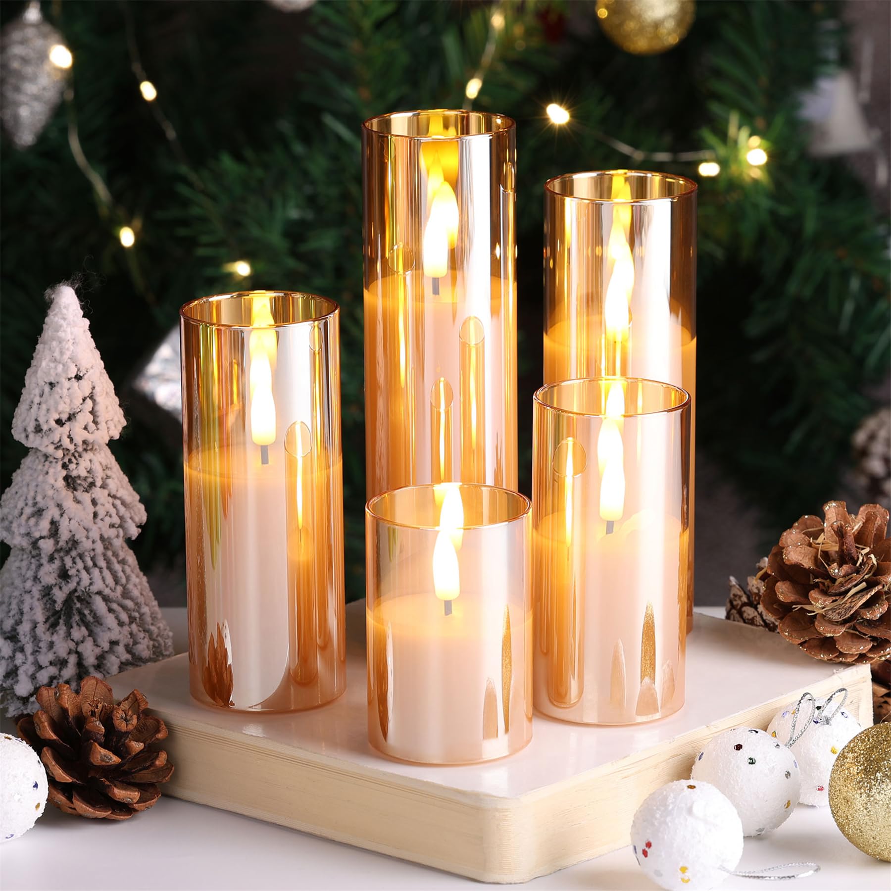 Premium Gold Glass Flameless Candles with Remote Control - Set of 5 Slim Tall Flickering LED Votive Pillar Candles for Christmas, Weddings, Home Decor & Romantic Ambiance