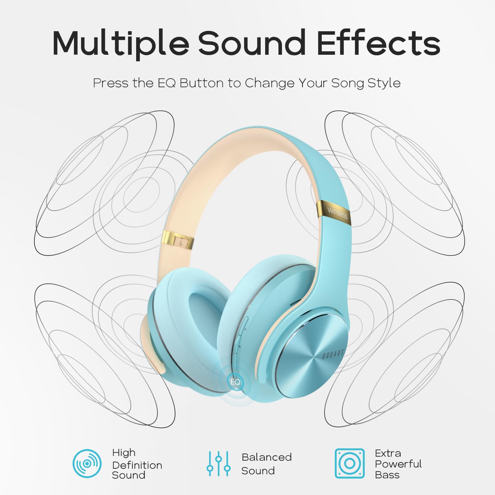 DOQAUS Wireless Bluetooth Headphones with 90 Hours Playtime, Hi-Fi Stereo Sound, 3 EQ Modes, Built-in Mic & Comfortable Earpads for iPhone, Android, PC - Perfect for Travel, Office, Gym & Commuting (Blue)