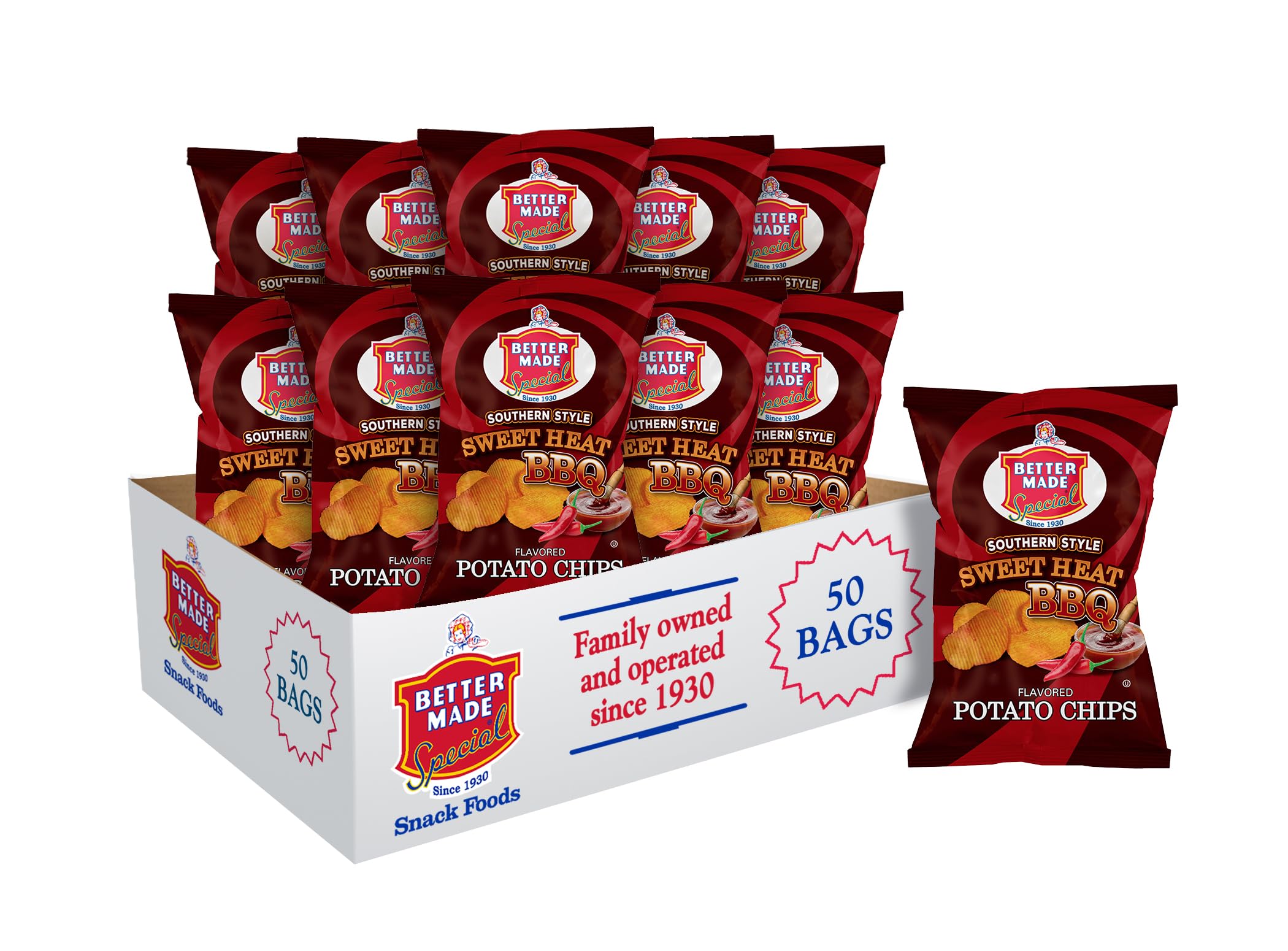 Better Made Special Potato Chips - Southern Style Sweet Heat BBQ Flavor - 50 Pack (50 x 1 oz Bags) - Crunchy Fresh Potato Snacks - Family Owned Brand - Perfect for Parties, Road Trips & Office Snacks