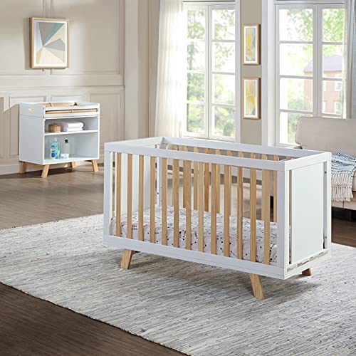 Livia Convertible Baby Crib - White & Natural Wood Nursery Furniture for Newborns & Toddlers | Safe, Stylish & Space-Saving for Small Bedrooms & Daycare Centers