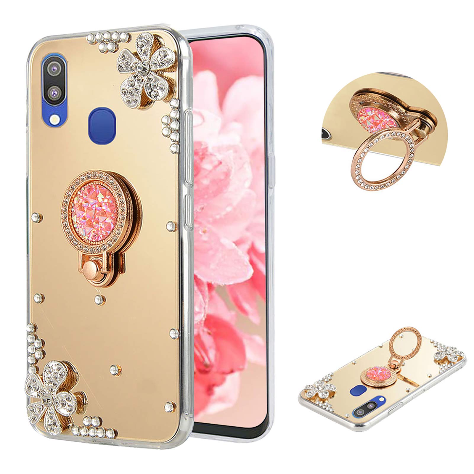 Stylish Mirror Gold Glitter Rhinestone Flower Case with Ring Kickstand & Finger Holder for Samsung Galaxy A20/A30 - Perfect for Makeup, Selfies & Everyday Protection
