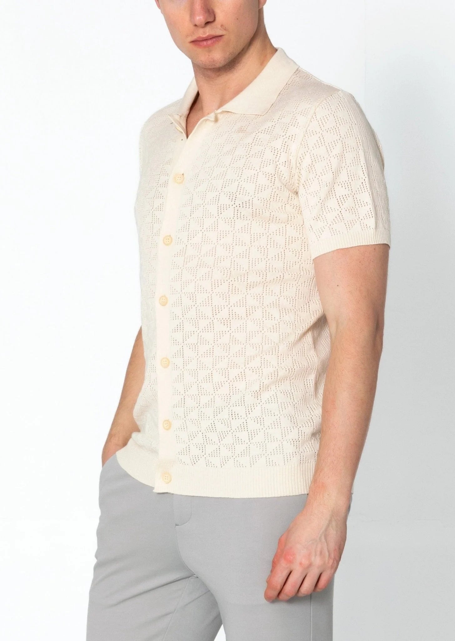 Geometric Crochet Polo Shirt for Women - Beige Cotton Summer Top, Boho Chic Style | Perfect for Beach Outings, Music Festivals & Casual Wear