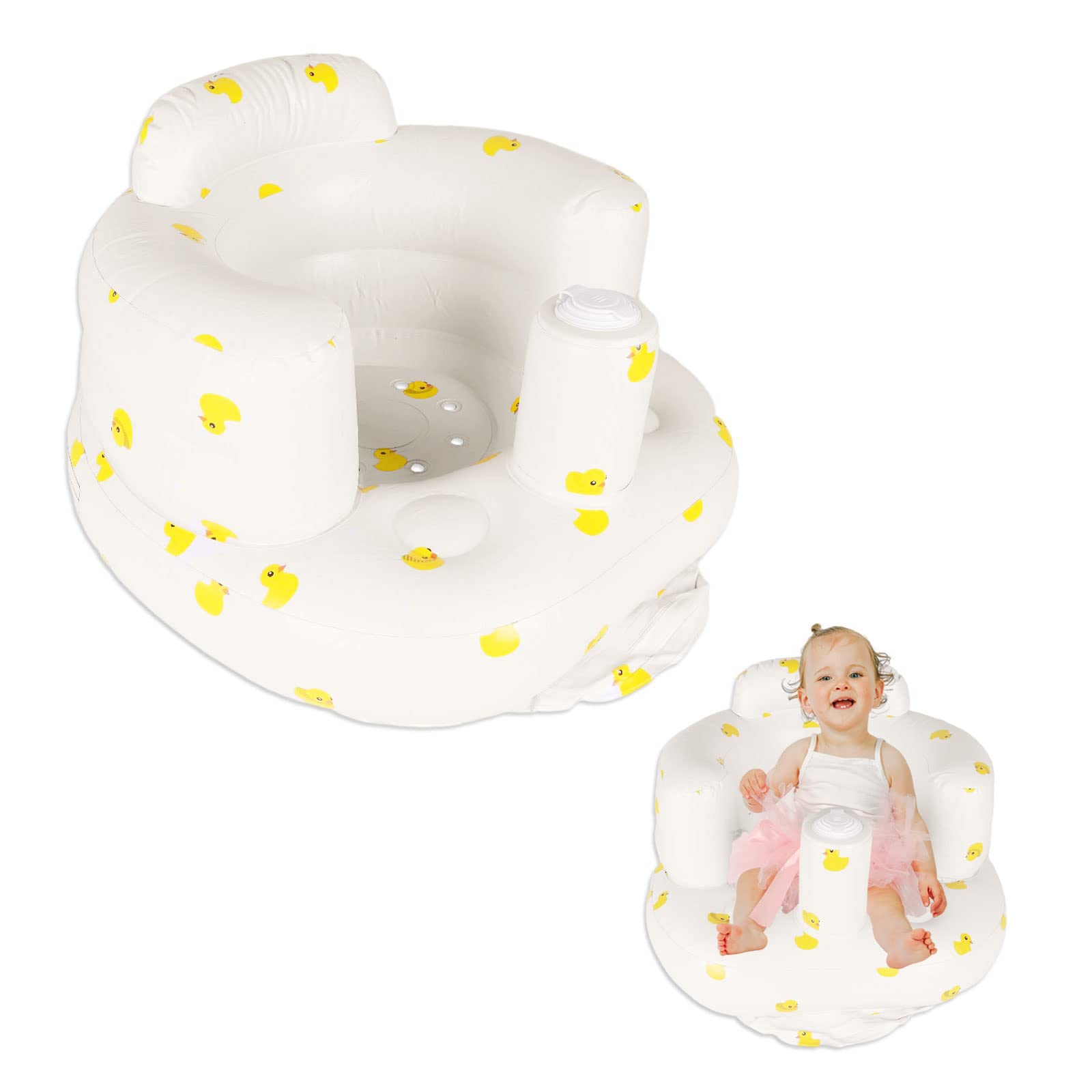 **Baby Inflatable Seat for 0-36 Months – Portable Infant Support Chair with Built-in Air Pump, Ergonomic Backrest for Spine Protection – Safe Toddler Feeding & Shower Chair for Learning to Sit – Ideal for Home, Travel & Outdoor Use (Duck, Off-White)**