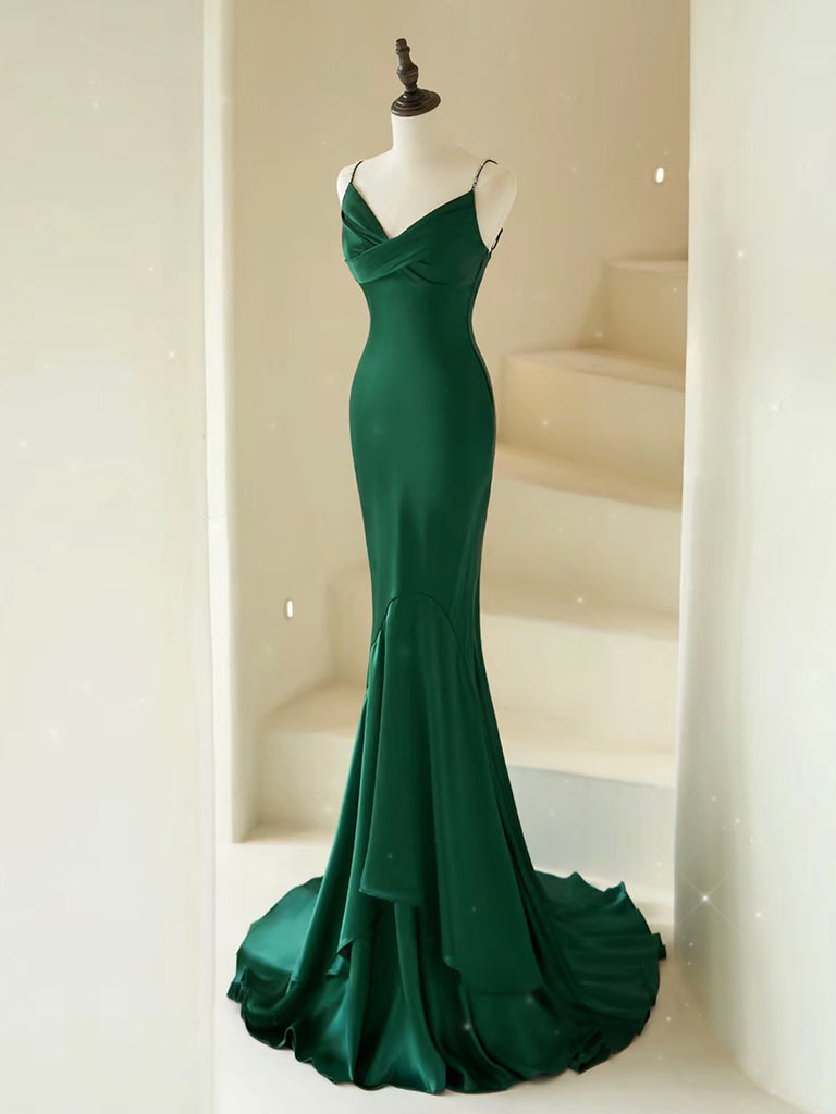 Elegant Mermaid V-Neck Satin Green Long Prom Dress | Formal Evening Gown for Women | Perfect for Homecoming, Ball, Wedding & Special Occasions