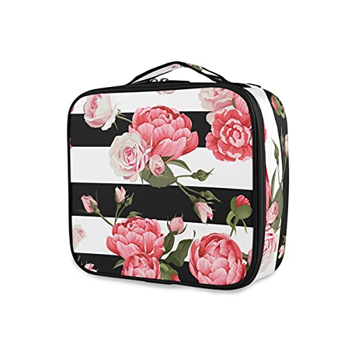 Susiyo Pink Floral Black White Stripe Travel Makeup Case - Large Cosmetic Bag & Makeup Organizer for Women | Perfect for Travel, Gym & Daily Essentials Storage