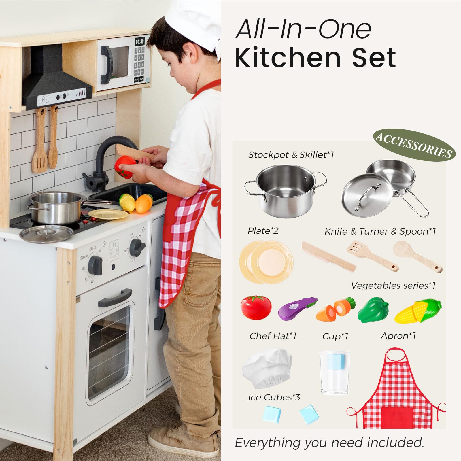 Tiny Land Wooden Play Kitchen Set for Kids - Realistic Pretend Chef Toy with Lights & Sounds, Includes 18-Piece Toy Food & Cookware Accessories - Perfect for Toddlers Role Play & Early Learning Fun