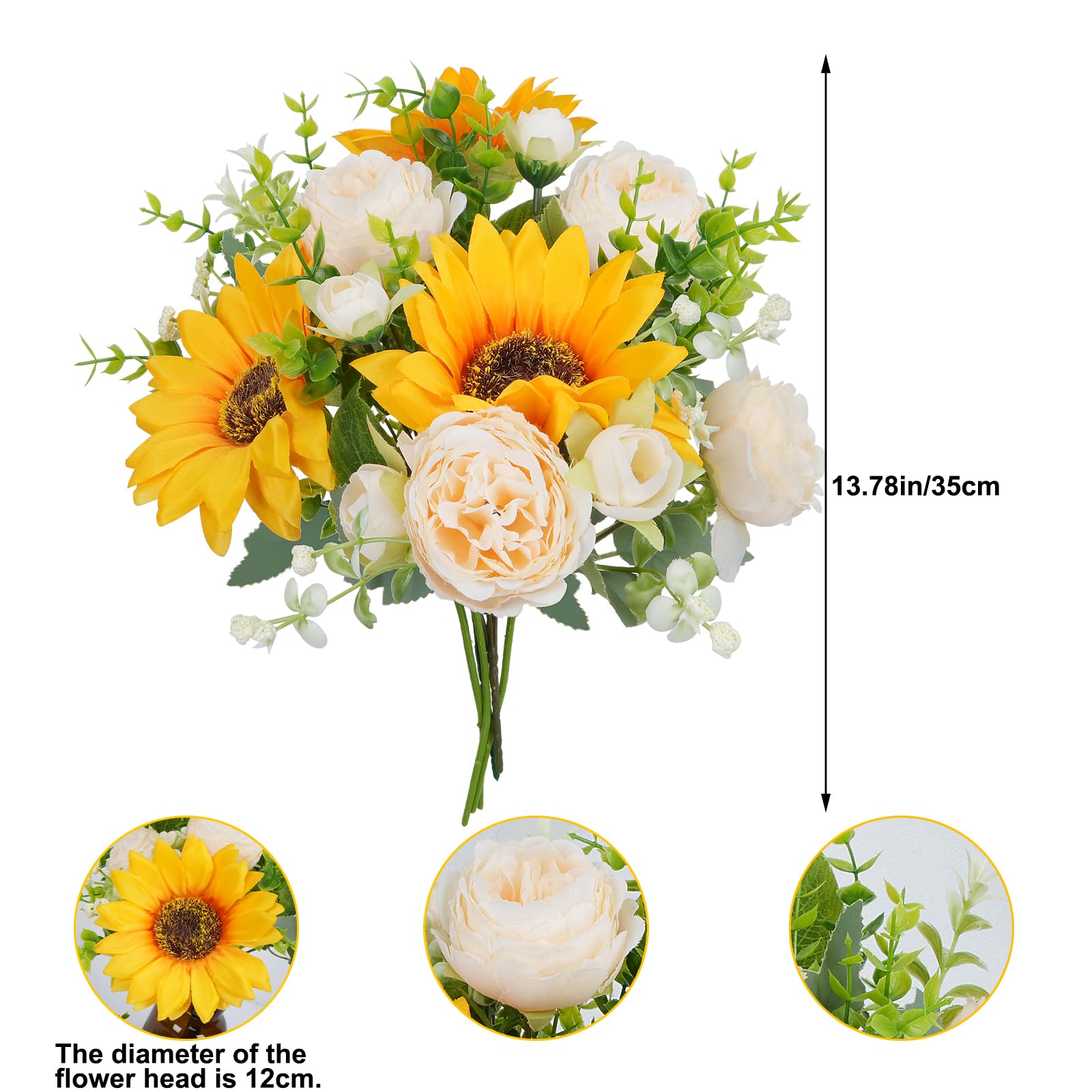 5 Pcs Artificial Peonies & Sunflowers Silk Flowers - 14 Inch Fake Floral Bouquet for Home Decor, Wedding Centerpieces, Bridal Arrangements, Indoor Table Decor (Perfect for Living Room, Dining Table, Office Desk)