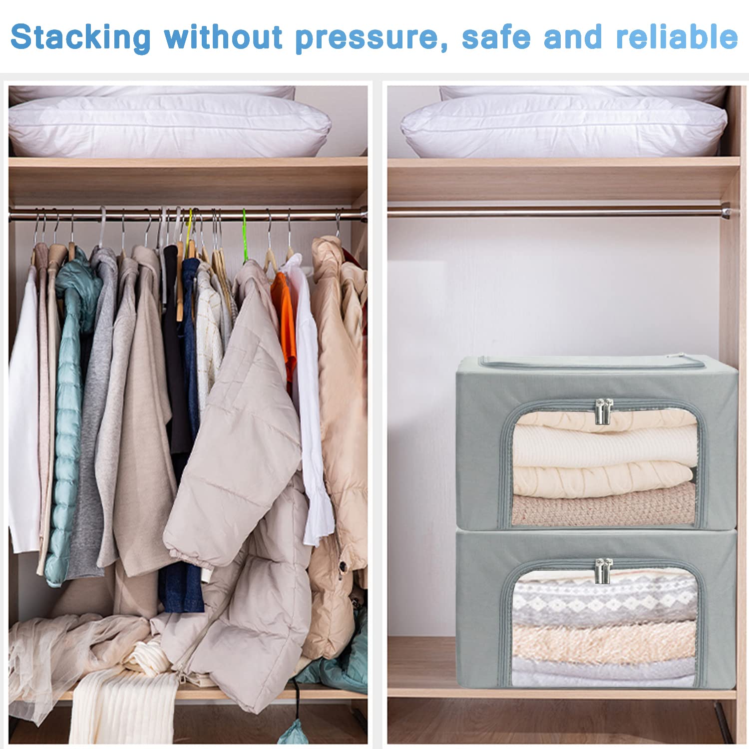 Foldable Stackable Clothes Storage Bins - 3 Pack Medium (40L) Grey - Sturdy Frame Organizer for Seasonal Clothing, Blankets, Towels, Bed Sheets & Toys - Perfect for Closet, Shelf & Home Organization