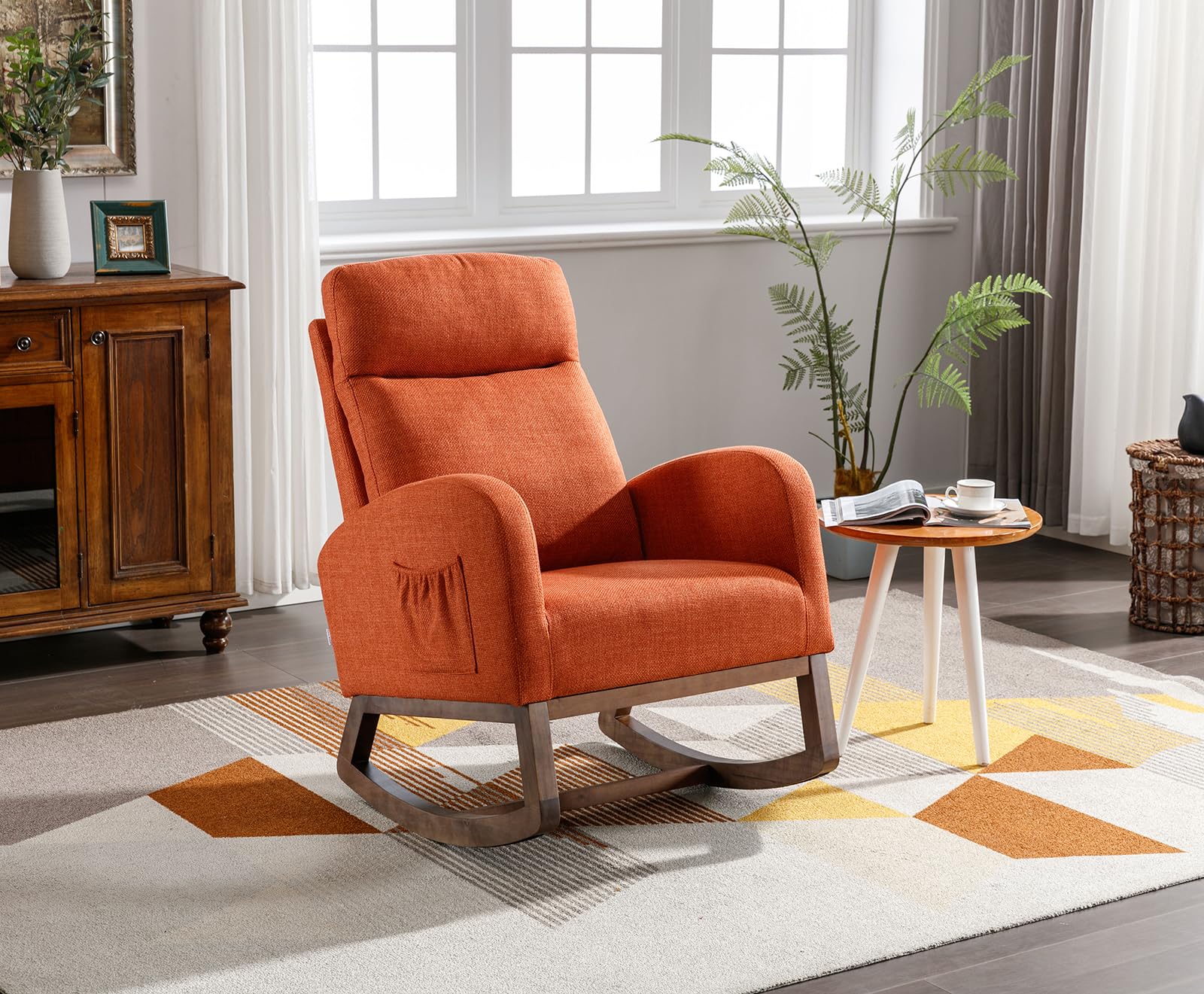 Comfortable Upholstered Nursery Rocking Chair with Side Pocket - High Back Support Glider Rocker, Solid Wood Base Accent Armchair for Living Room, Bedroom & Office - Perfect for Nursing, Reading & Relaxing (Orange)