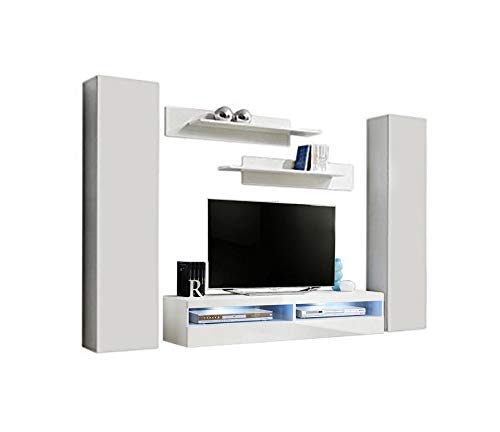 Modern White Wall-Mounted TV Stand with Storage Shelves & LED Lights - 35
