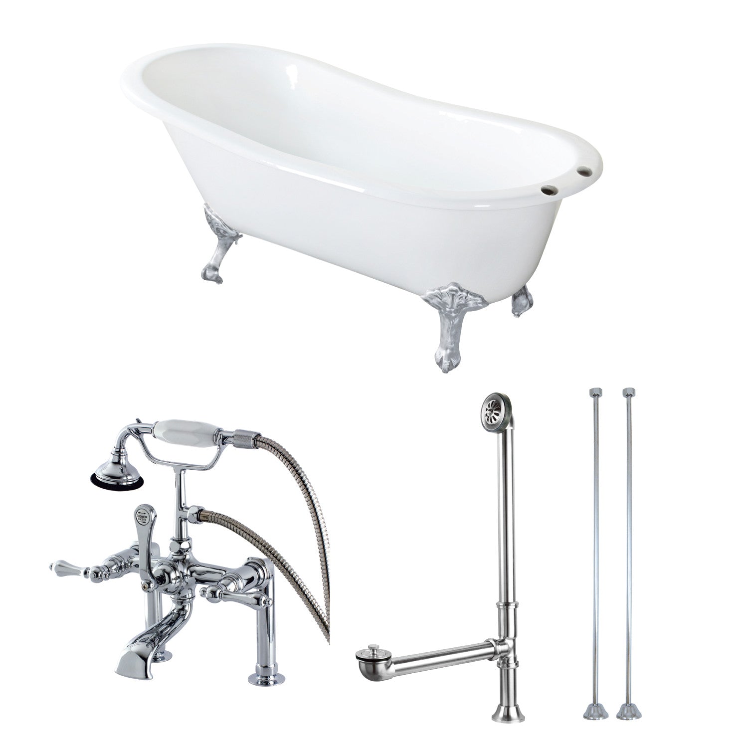 62 Inch White Cast Iron Oval Single Slipper Clawfoot Bathtub with Polished Chrome Faucet, Drain & Supply Lines - Vintage Freestanding Soaking Tub for Luxury Bathroom & Spa Relaxation