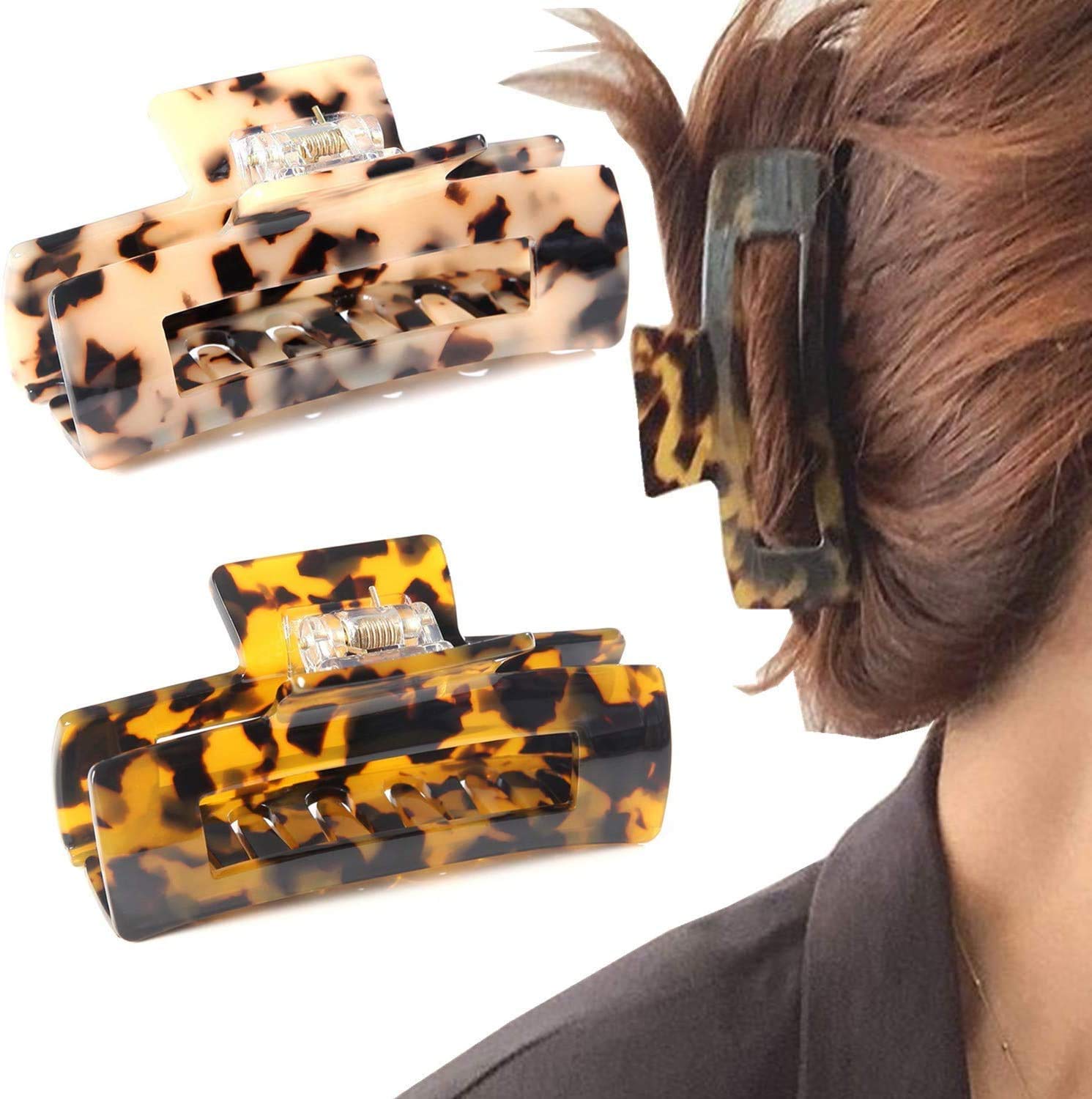 2PCS Extra Large Hair Claw Clips for Women - Tortoise Shell Cutout Design, French Style Rectangle Hair Clamps for Thick Hair - Perfect for Ponytails, Buns and Updos
