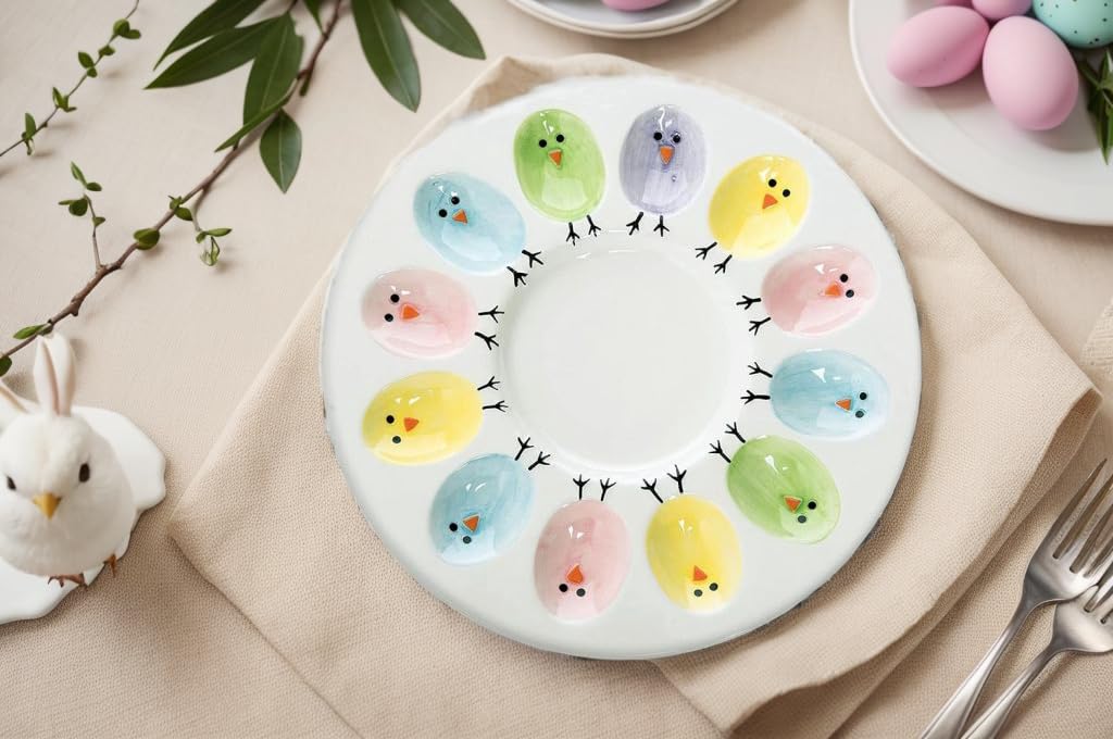 Ceramic Deviled Egg Platter - Easter Egg Serving Tray for 12 Eggs - Perfect for Holiday Parties, Easter Brunch & Appetizer Displays