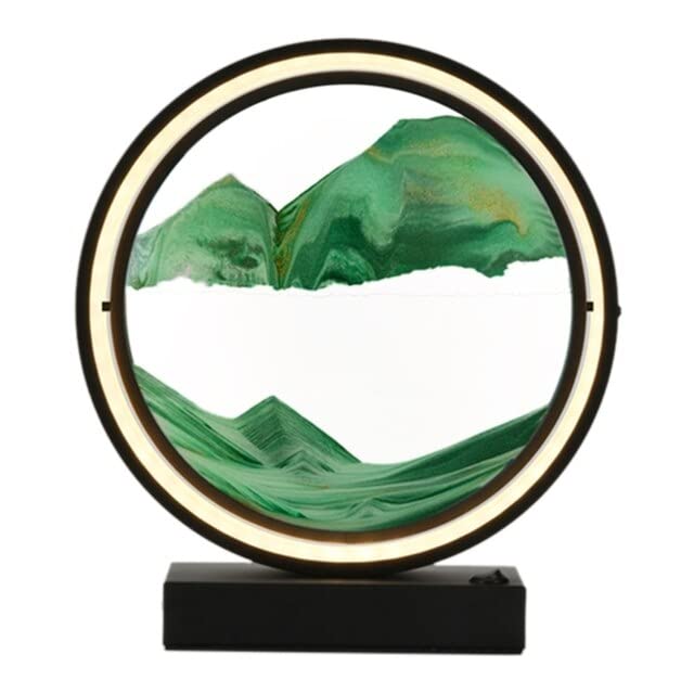 360° Rotating 3D Moving Sand Art USB LED Desk Lamp - Creative Quicksand Table Lamp with Hourglass Design for Home & Office Decor (10 inch, Green Sand, Black) - Perfect for Relaxation, Meditation & Stress Relief