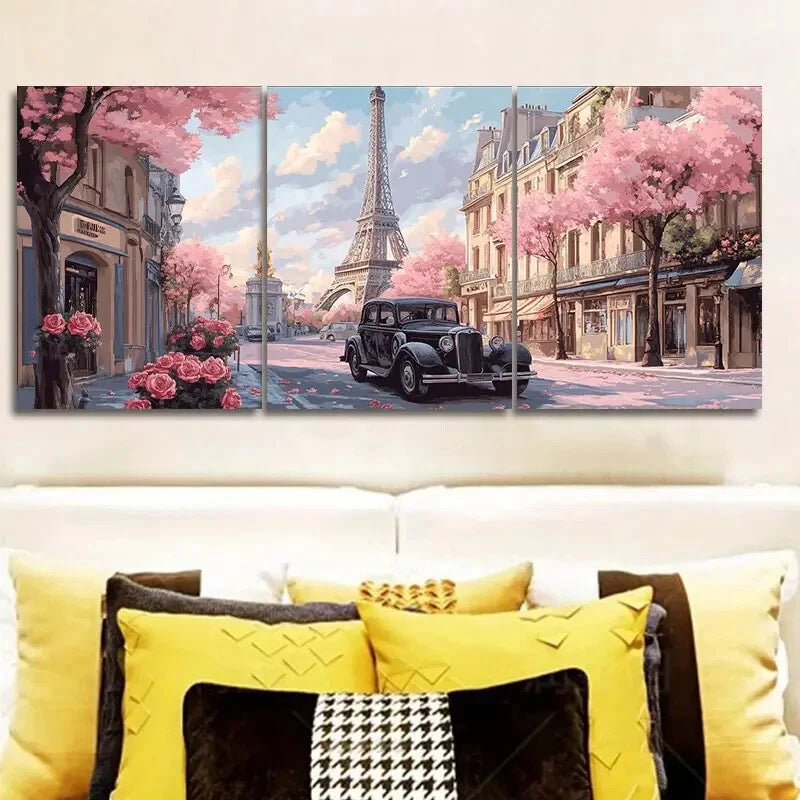 3-Piece Pink Car on Paris Streets Metal Wall Art - Ready to Hang Home Decor for Living Room, Bedroom & Office