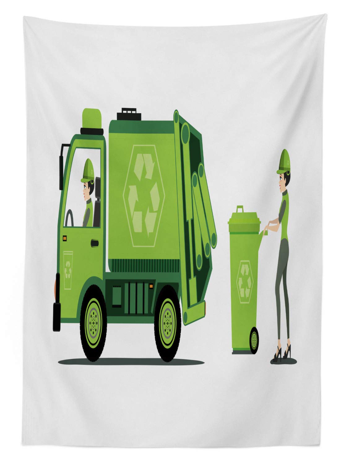 Ambesonne Garbage Truck Themed Washable Picnic Tablecloth - 58x84 Inch Apple Green & White Outdoor Dining Decor - Perfect for Picnics, BBQs, and Recycling-Themed Parties