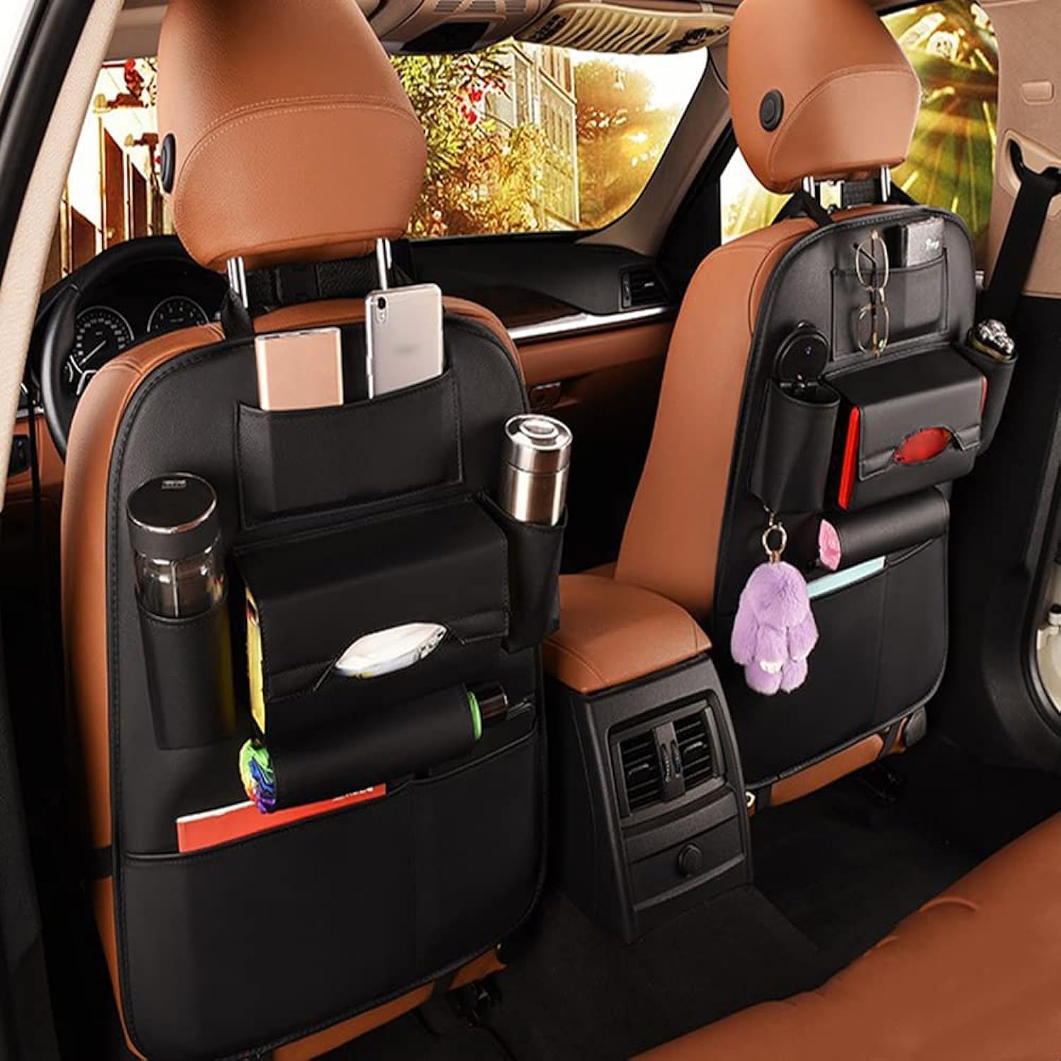 2 Pack Premium PU Leather Car Seat Back Organizer - Universal Fit Seat Protector with Cup Holders & Kick Mats - Black - Perfect for Travel, Road Trips & Family Car Accessories