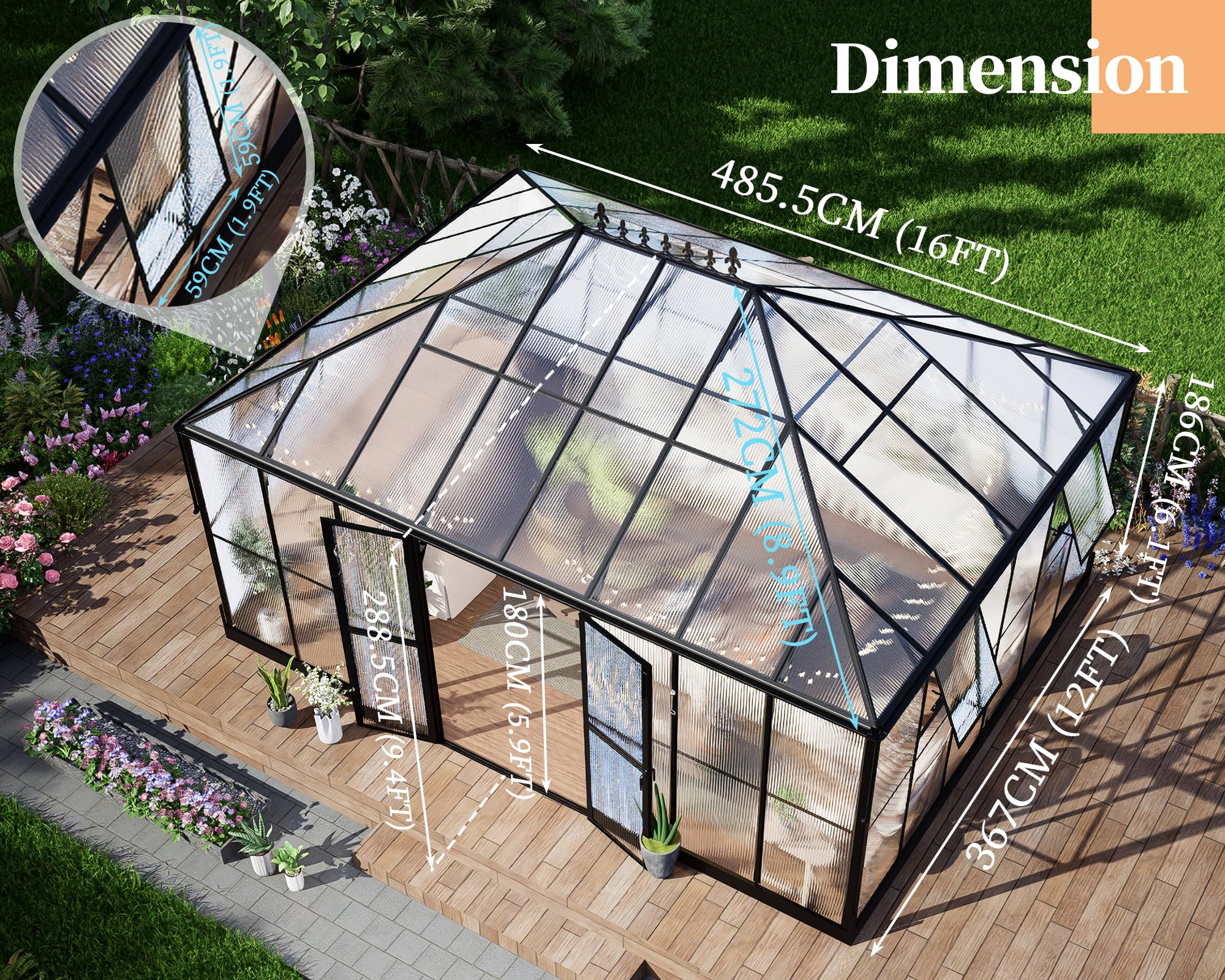 16x12x9.5 FT Pavilion Style Polycarbonate Greenhouse Kit - 4 Vent Windows & Widened Lockable Doors - Durable Outdoor Greenhouse for Gardening, Plant Growing & Sunroom Use