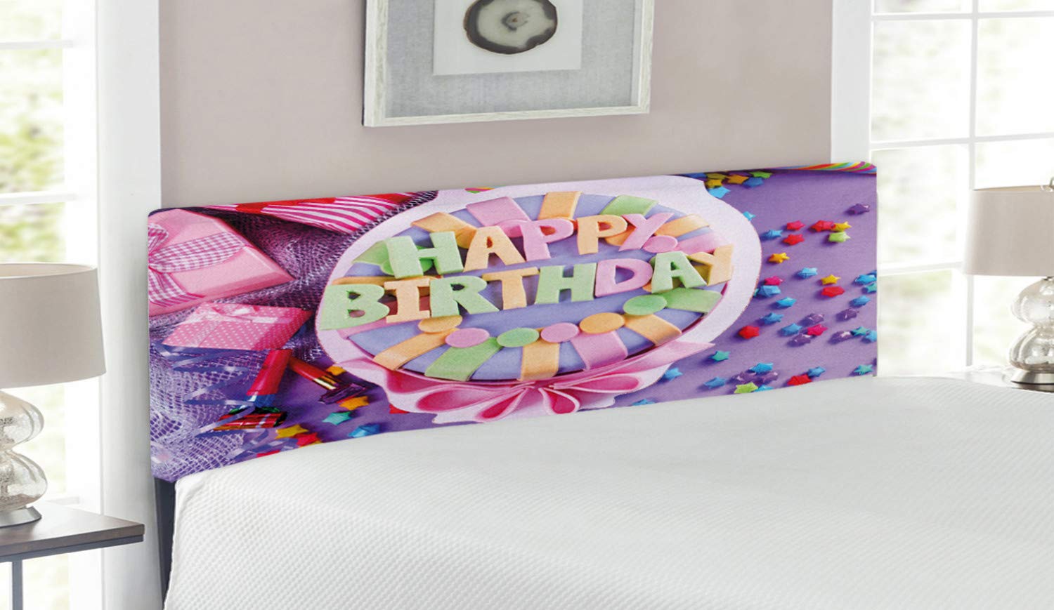 Ambesonne Queen Size Upholstered Metal Bed Headboard with Memory Foam - Birthday Cake Design with Stars & Presents, Multicolor Decorative Headboard for Bedroom, Party Theme Decor