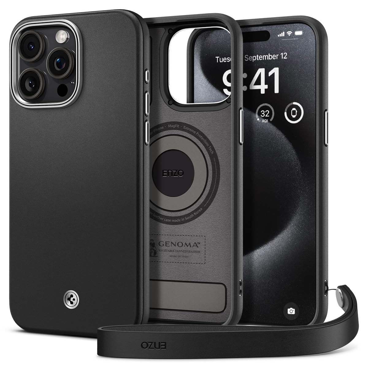Premium Leather Spigen Enzo Case for iPhone 15 Pro Max - Magsafe Compatible, Slim Protective Cover (Black) | Perfect for Business Professionals & Daily Commuters