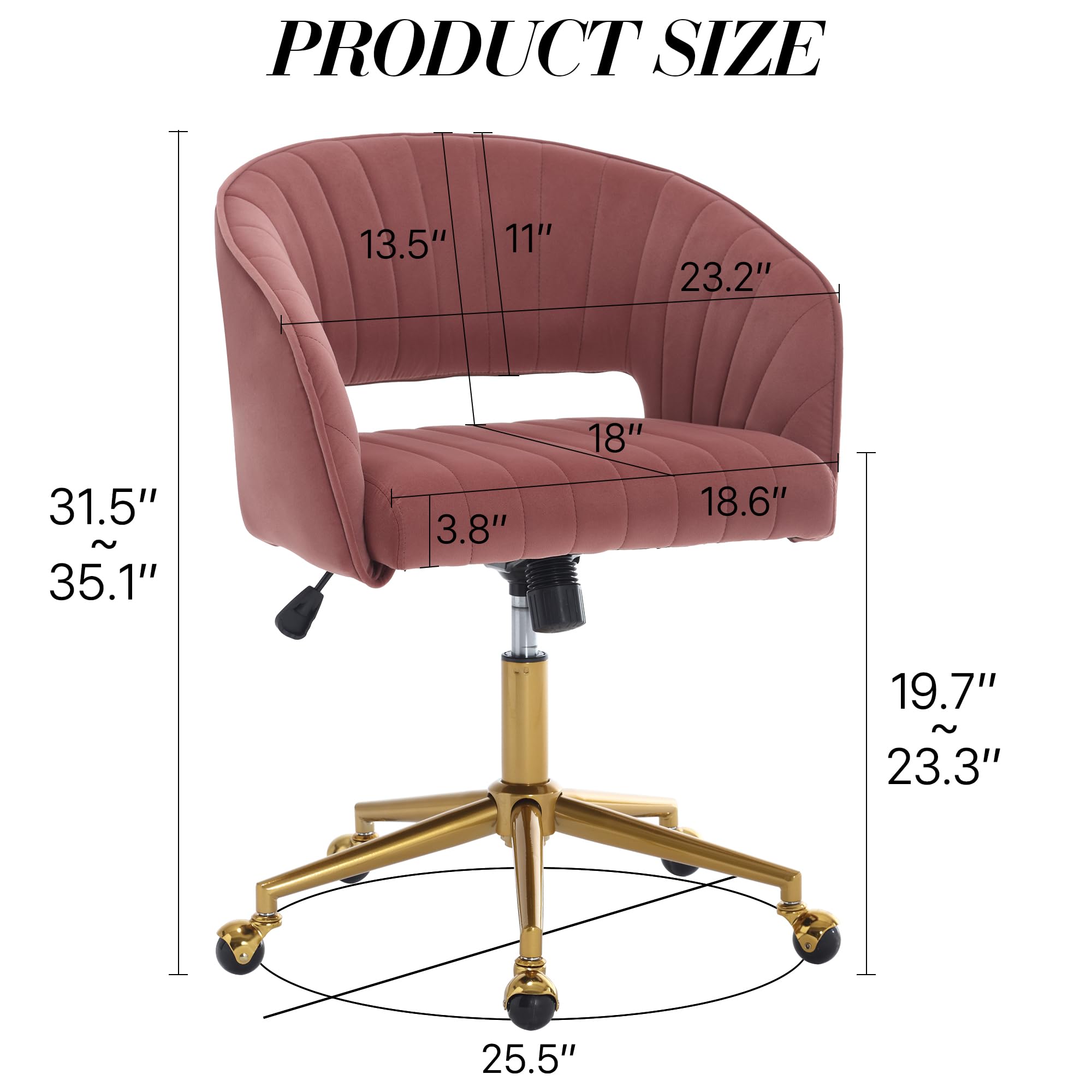 Velvet Swivel Desk Chair with Gold Base - Ergonomic Home Office Chair for Women, Modern Tufted Accent Armchair, Comfortable Study & Computer Task Stool - Perfect for Living Room, Bedroom or Workspace (Rose)