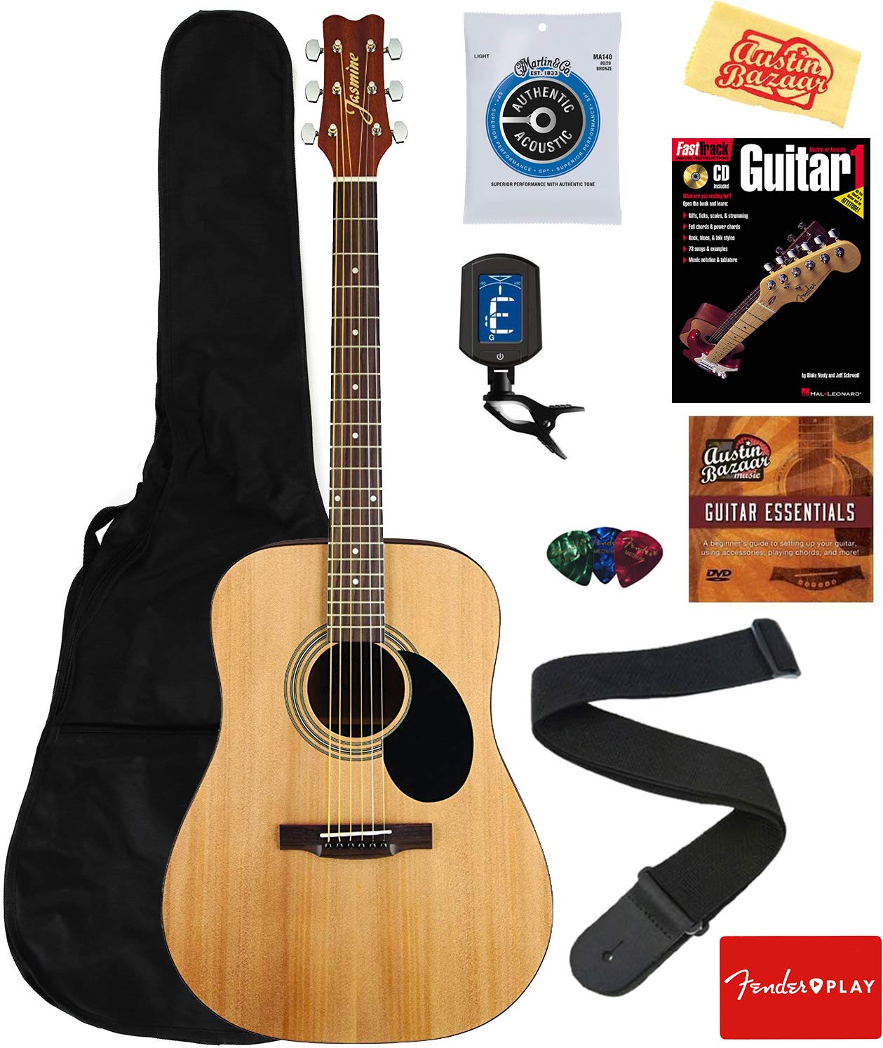 Jasmine S35 Dreadnought Acoustic Guitar Bundle - Natural Finish with Gig Bag, Strings, Tuner, Strap, Picks, Instructional Book & DVD, Polishing Cloth | Perfect for Beginners, Campfire Singalongs & Home Music Practice