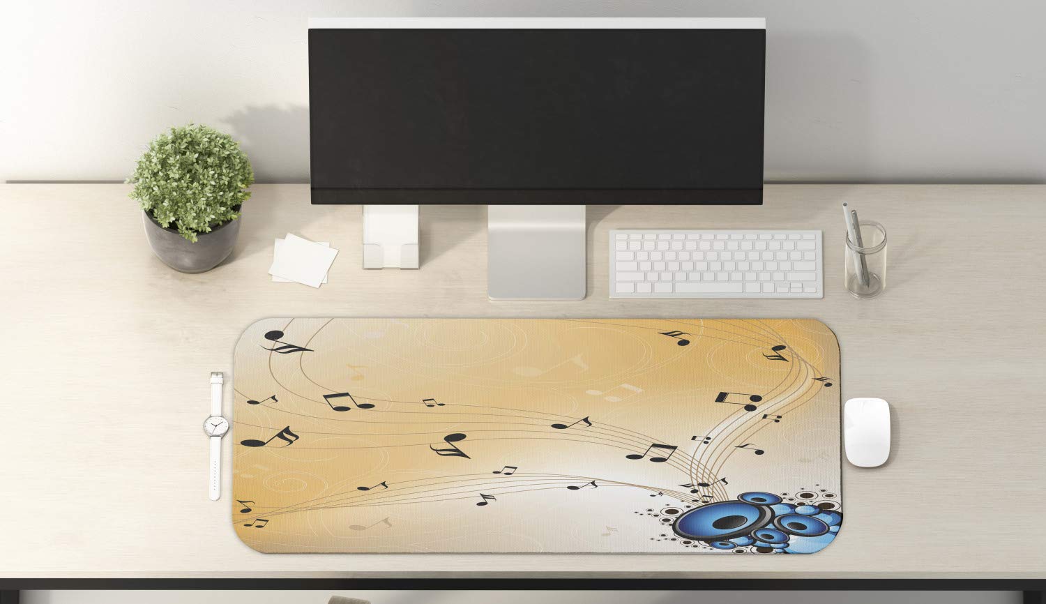 Ambesonne Music Computer Mouse Pad - Abstract Artwork with Melodies, Flying Notes, and Speakers - Non-Slip Rubber Gaming Mousepad, 31