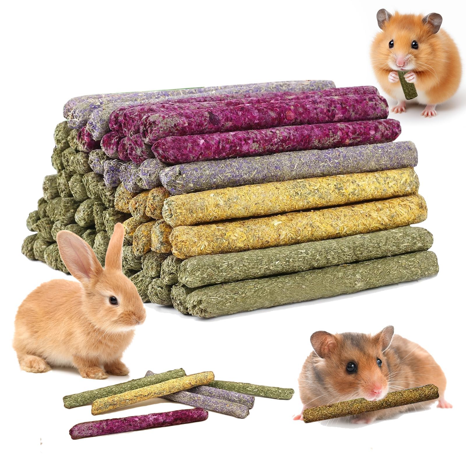33 Pcs Natural Timothy Grass Rabbit Chew Sticks - Safe Molar Teeth Chew Toys for Rabbits, Guinea Pigs & Small Pets - Mixed with Dried Flowers for Dental Health - Perfect for Cage Enrichment & Playtime