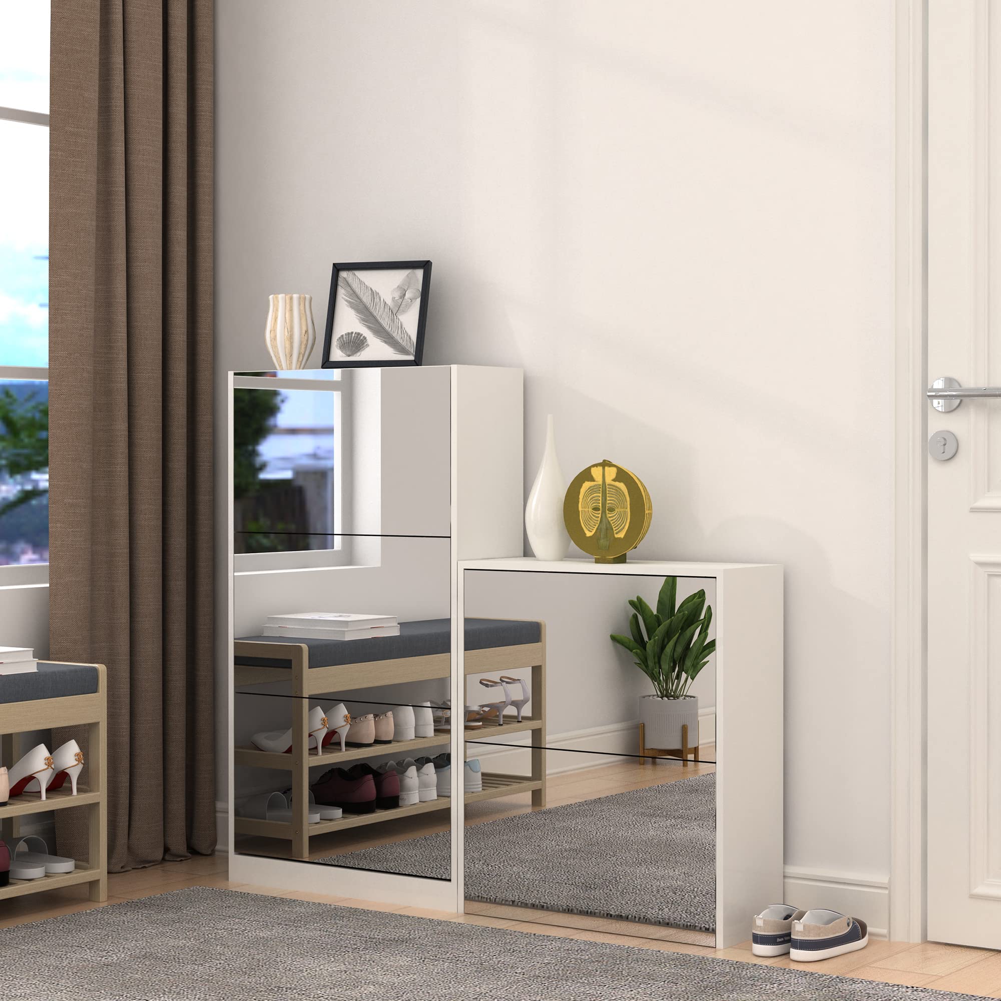 GLS Floor Standing Full Length Mirror Shoe Cabinet - 5 Tier Closet Shoe Organizer for Living Room, Bedroom & Entryway - White - Space Saving Storage Solution for Shoes, Hats & Accessories